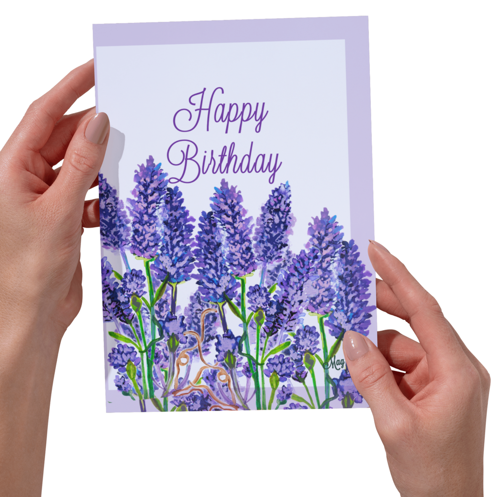 Lavender Field Card – Happy Birthday Greeting Card with Purple Florals & Framed Design