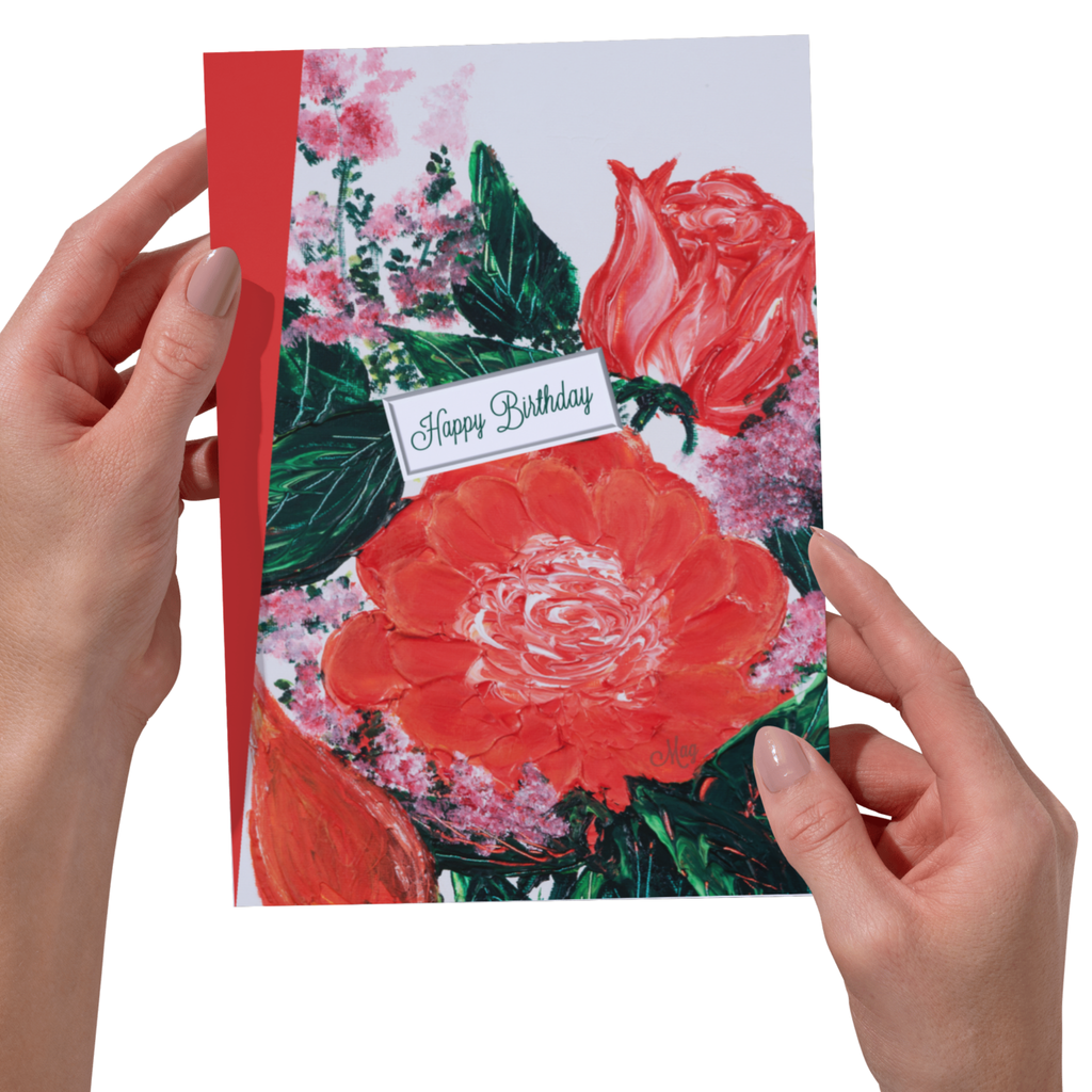 Floral Bloom Card – Happy Birthday Greeting Card with Red & Pink Blossoms