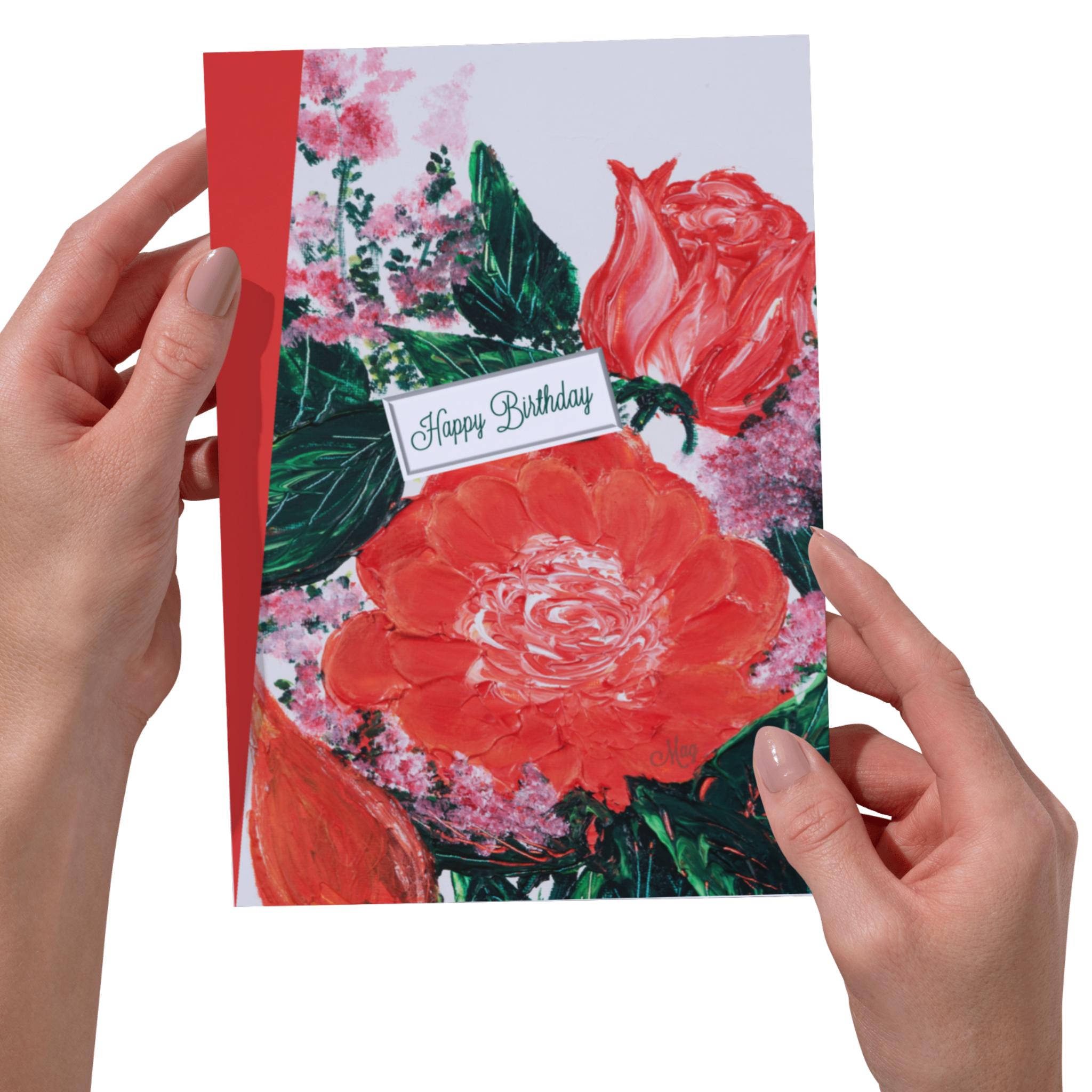 Floral Bloom Card – Happy Birthday Greeting Card with Red & Pink Blossoms