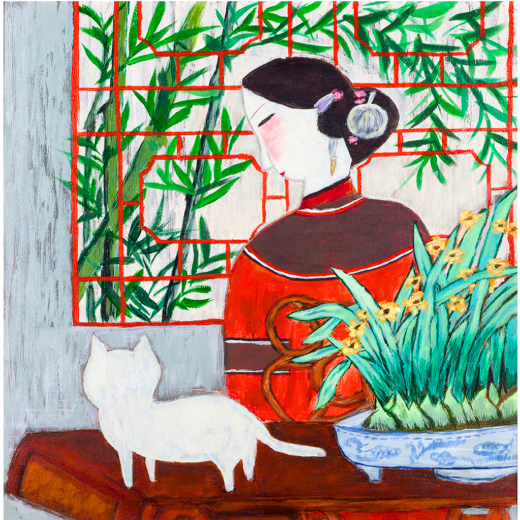 Oriental Lady with Cat Canvas Print – A3 Bamboo Garden Wall Art