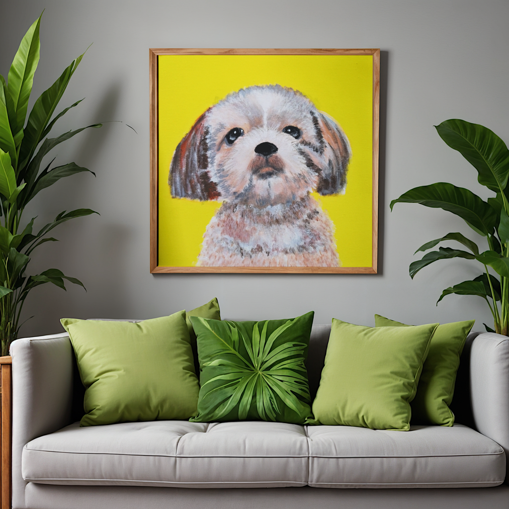 Lhasa Apso Portrait on Yellow Background Canvas Print – A3 Cheerful Dog Wall Art
