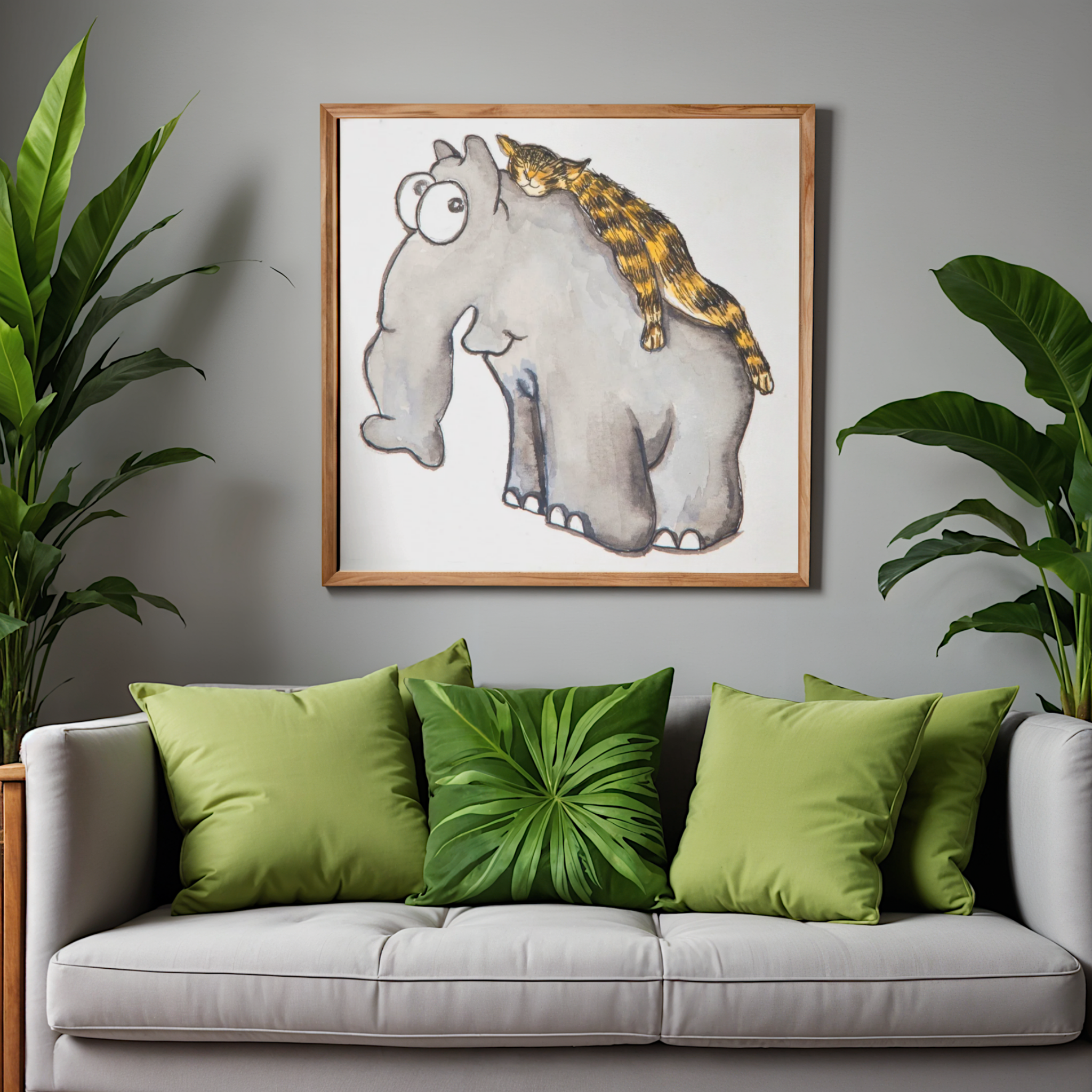 Elephant & Cat Watercolor Canvas Print – A3 Whimsical Friendship Wall Art