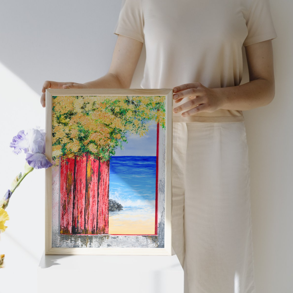 Ocean View with Blossoms Canvas Print – A3 Coastal Floral Landscape Wall Art