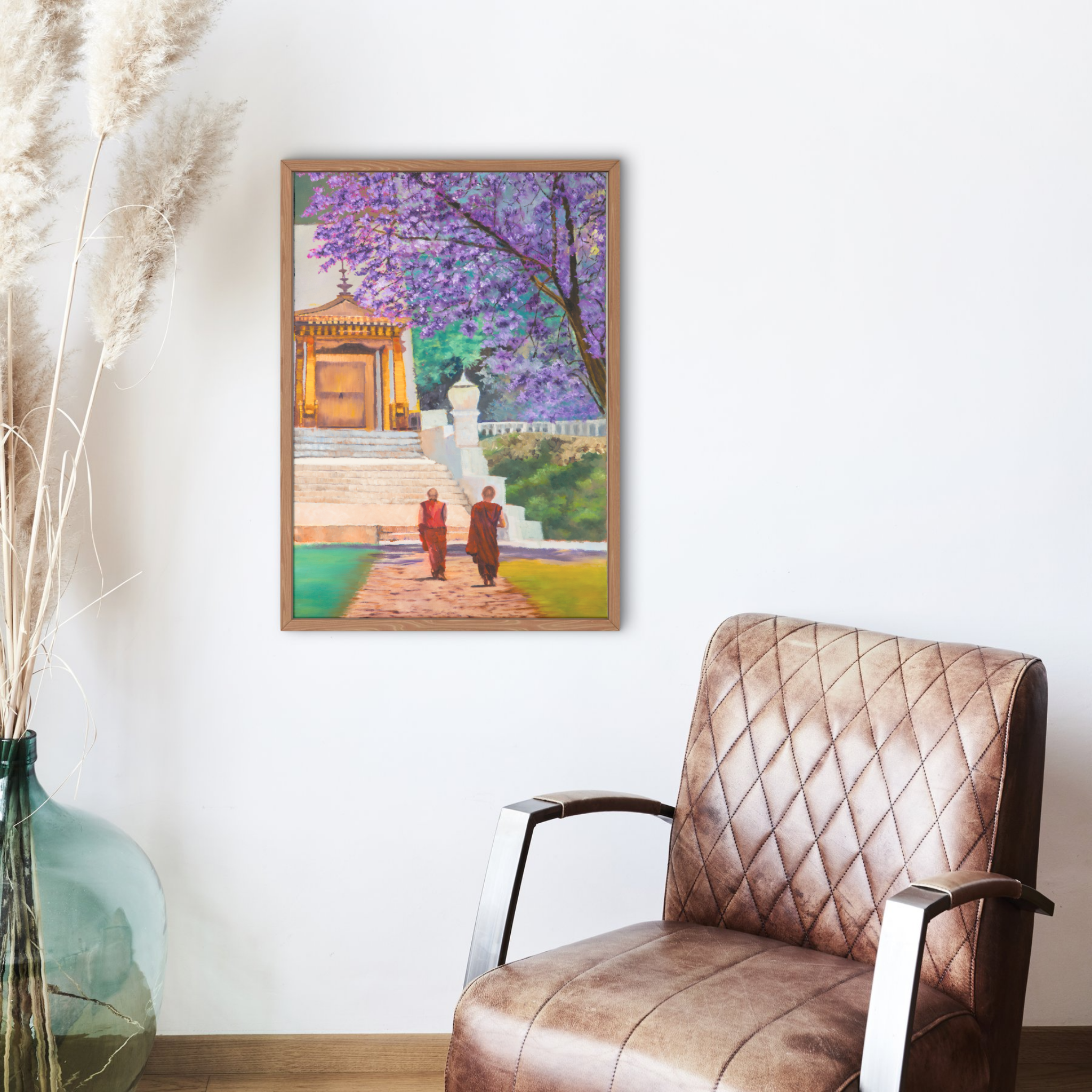 Temple Path Canvas Print – A3 Spiritual Landscape Wall Art with Purple Blossoms