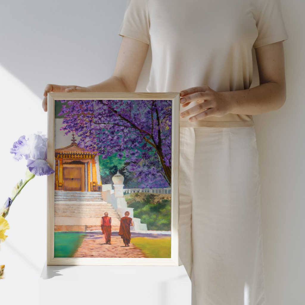 Temple Path Canvas Print – A3 Spiritual Landscape Wall Art with Purple Blossoms