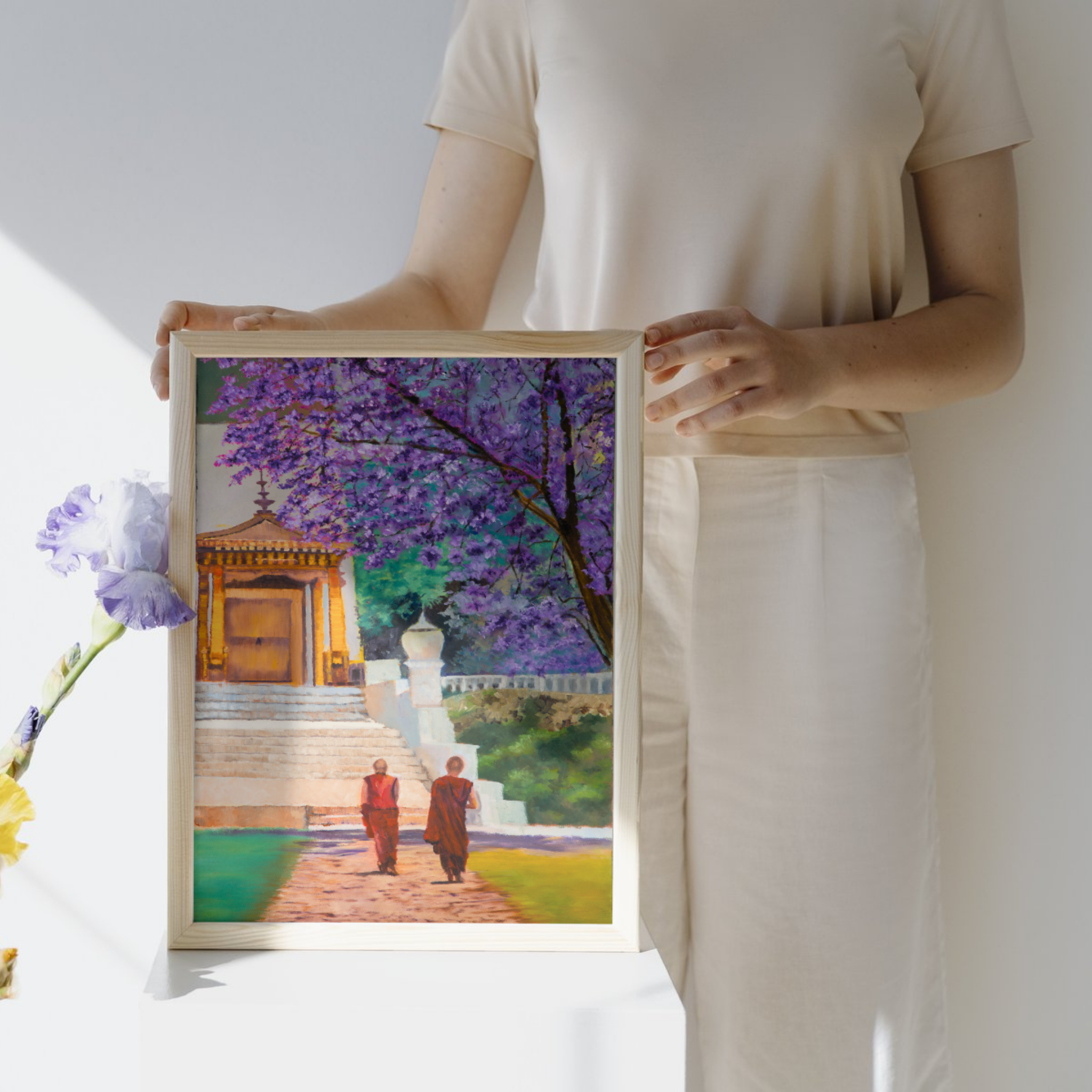 Temple Path Canvas Print – A3 Spiritual Landscape Wall Art with Purple Blossoms