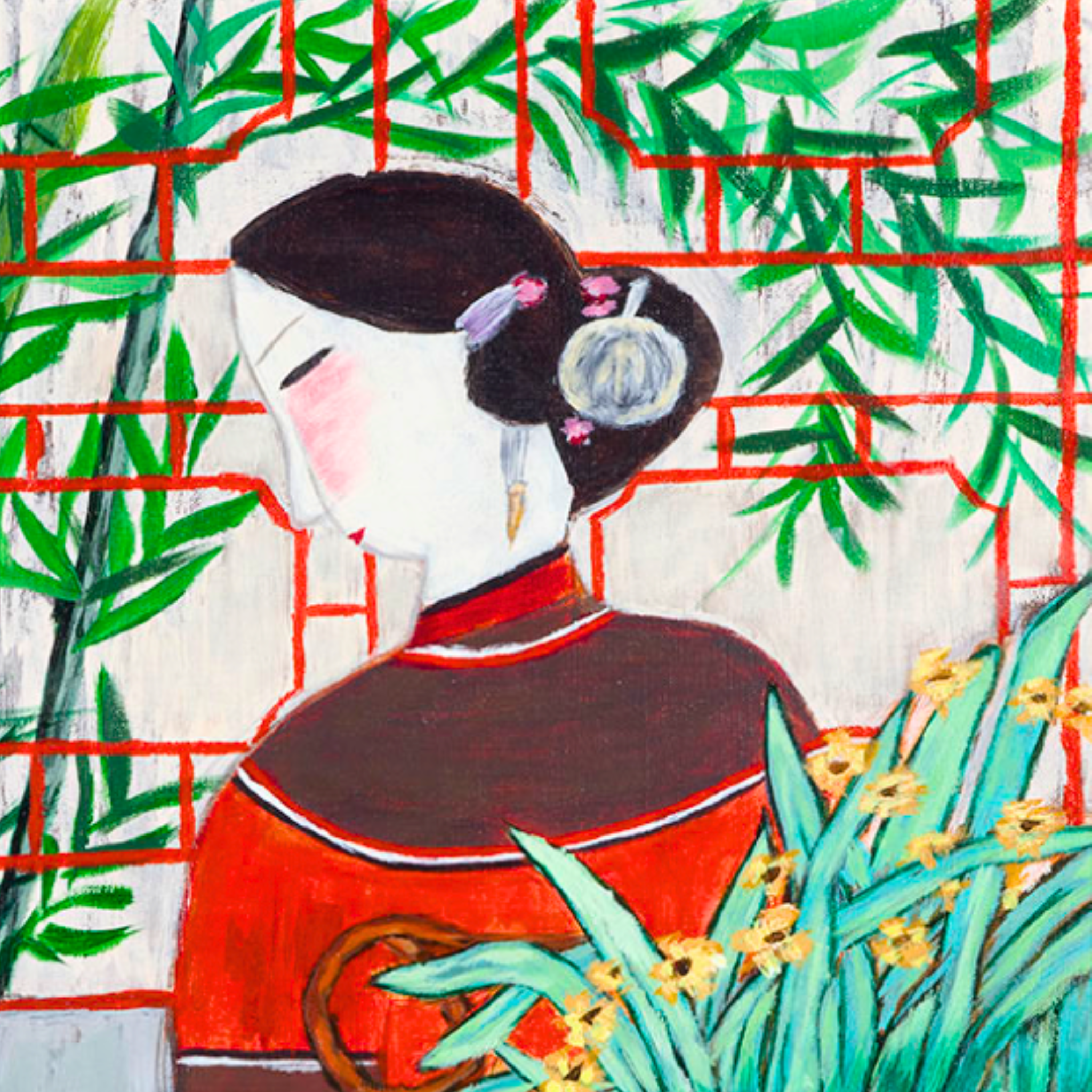 Oriental Lady with Cat Canvas Print – A3 Bamboo Garden Wall Art