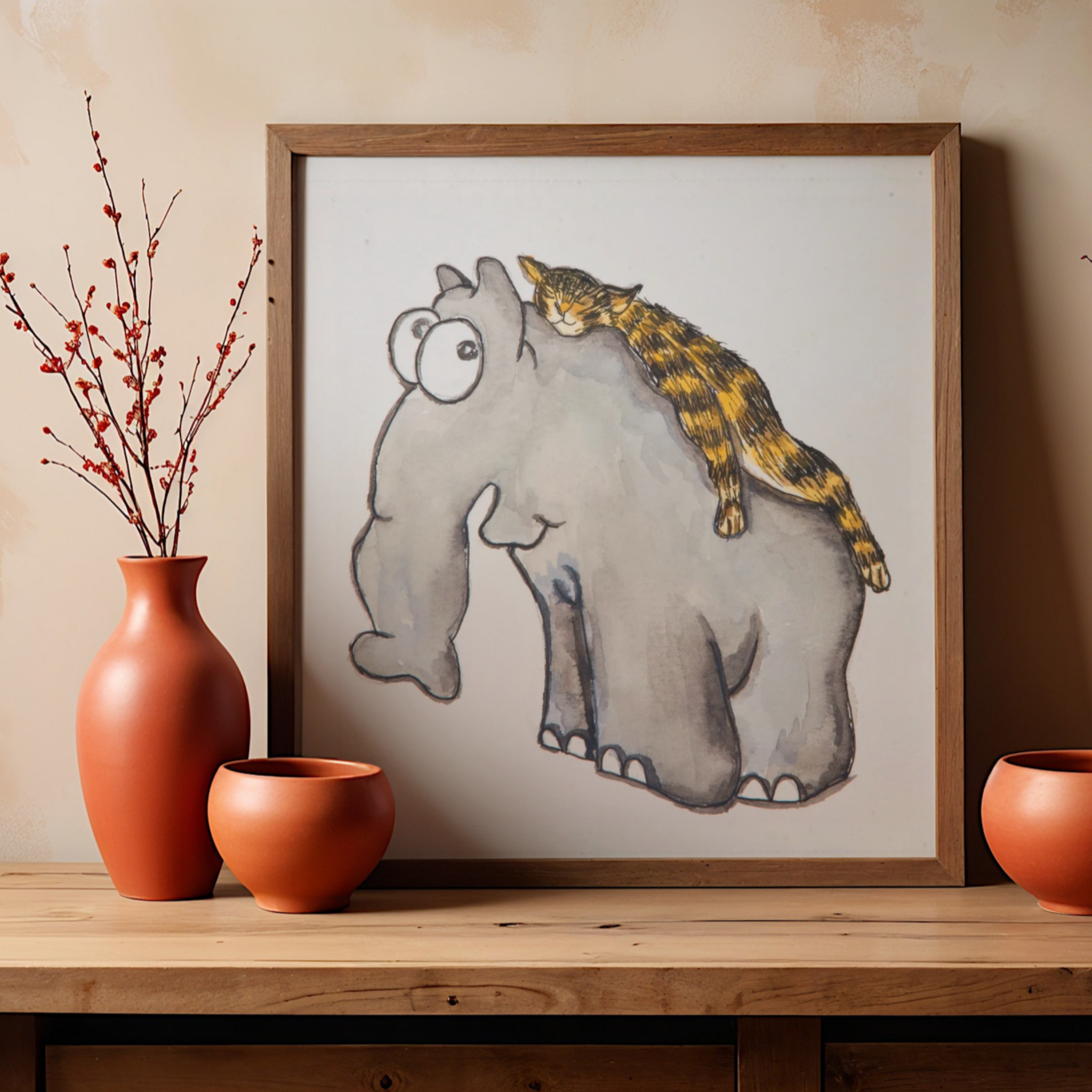 Elephant & Cat Watercolor Canvas Print – A3 Whimsical Friendship Wall Art