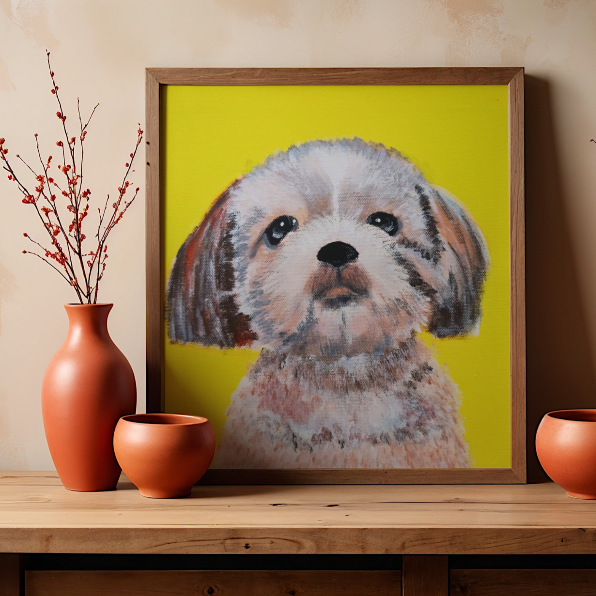 Lhasa Apso Portrait on Yellow Background Canvas Print – A3 Cheerful Dog Wall Art