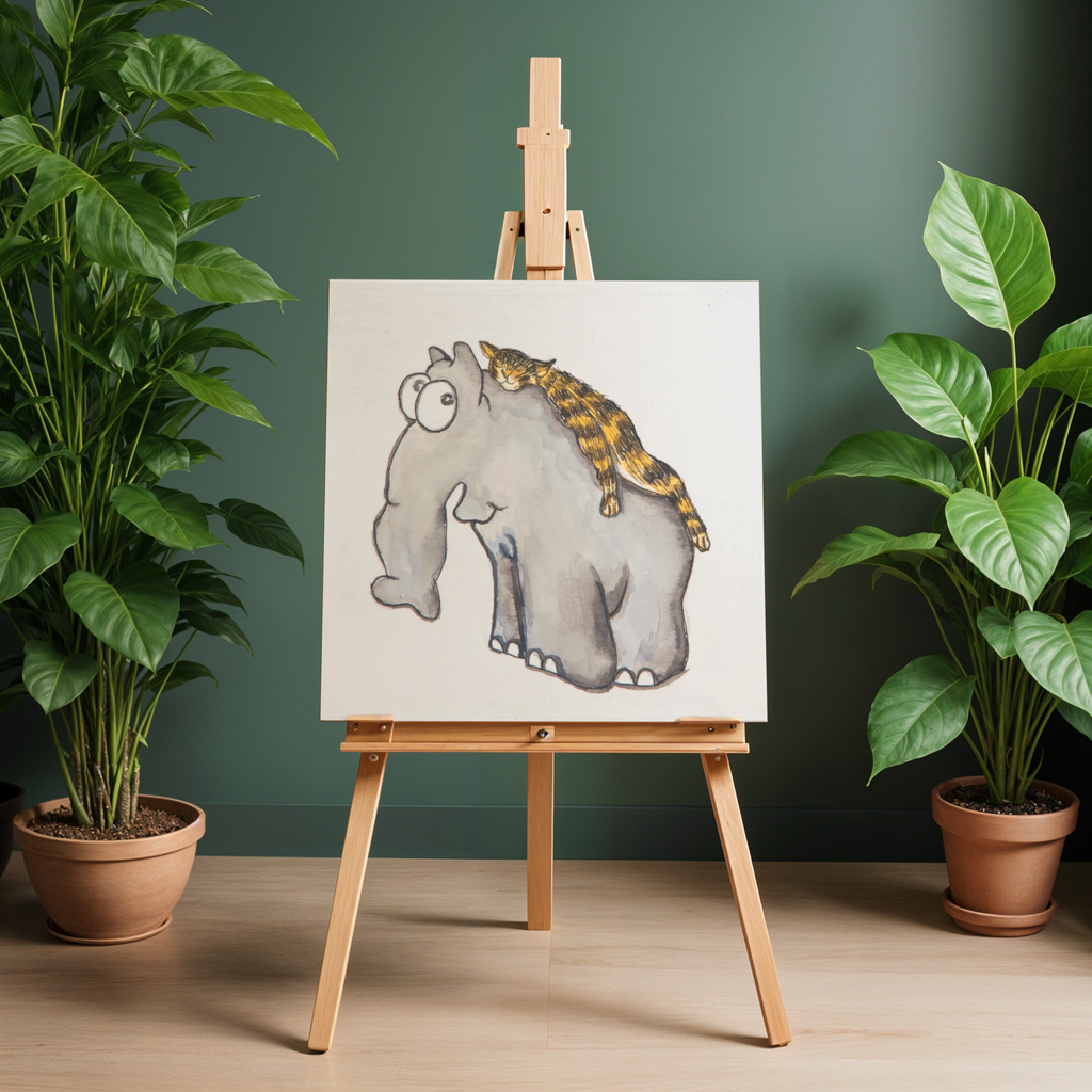 Elephant & Cat Watercolor Canvas Print – A3 Whimsical Friendship Wall Art