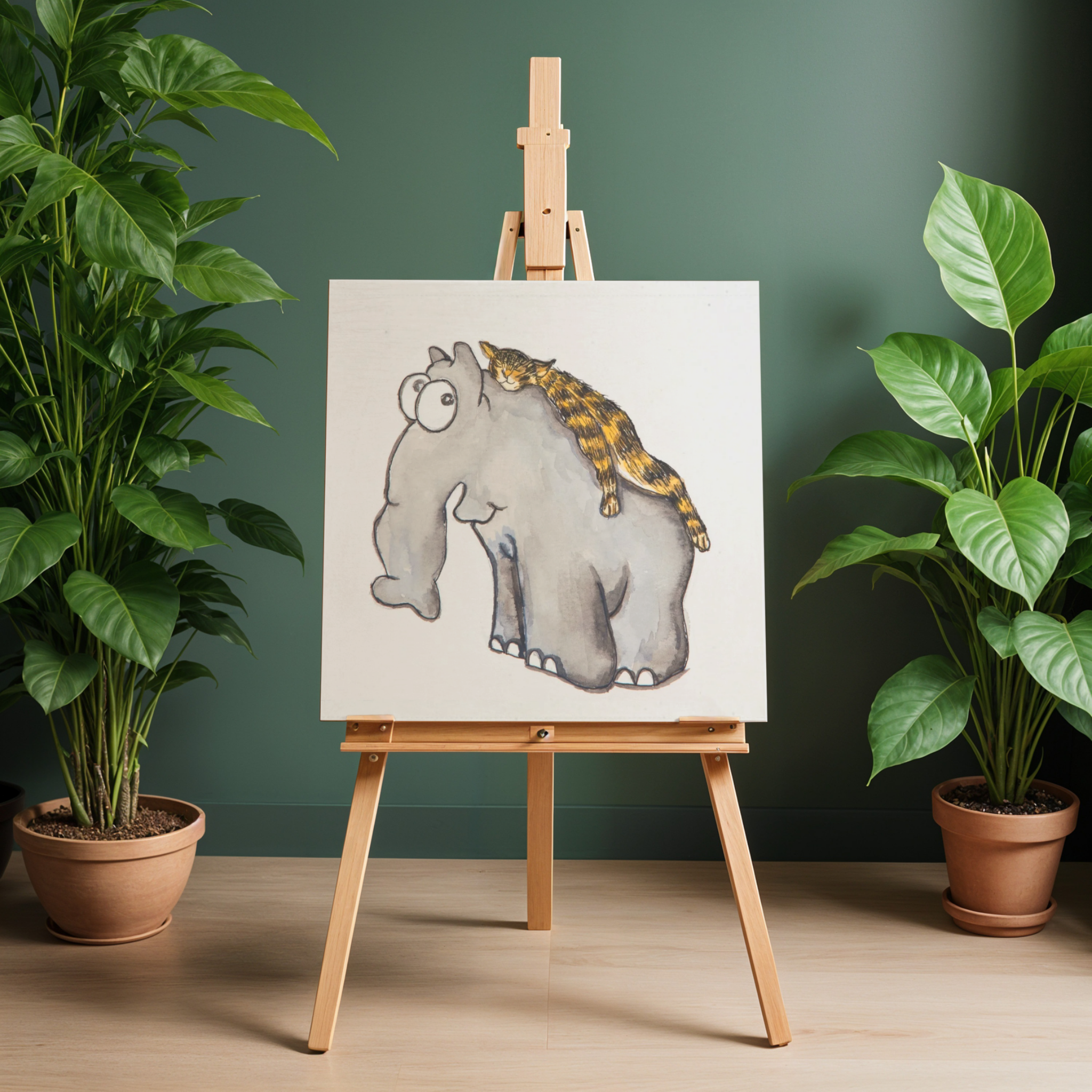 Elephant & Cat Watercolor Canvas Print – A3 Whimsical Friendship Wall Art