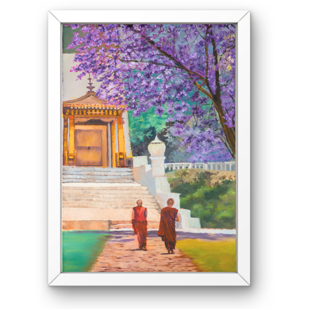Temple Path Canvas Print – A3 Spiritual Landscape Wall Art with Purple Blossoms