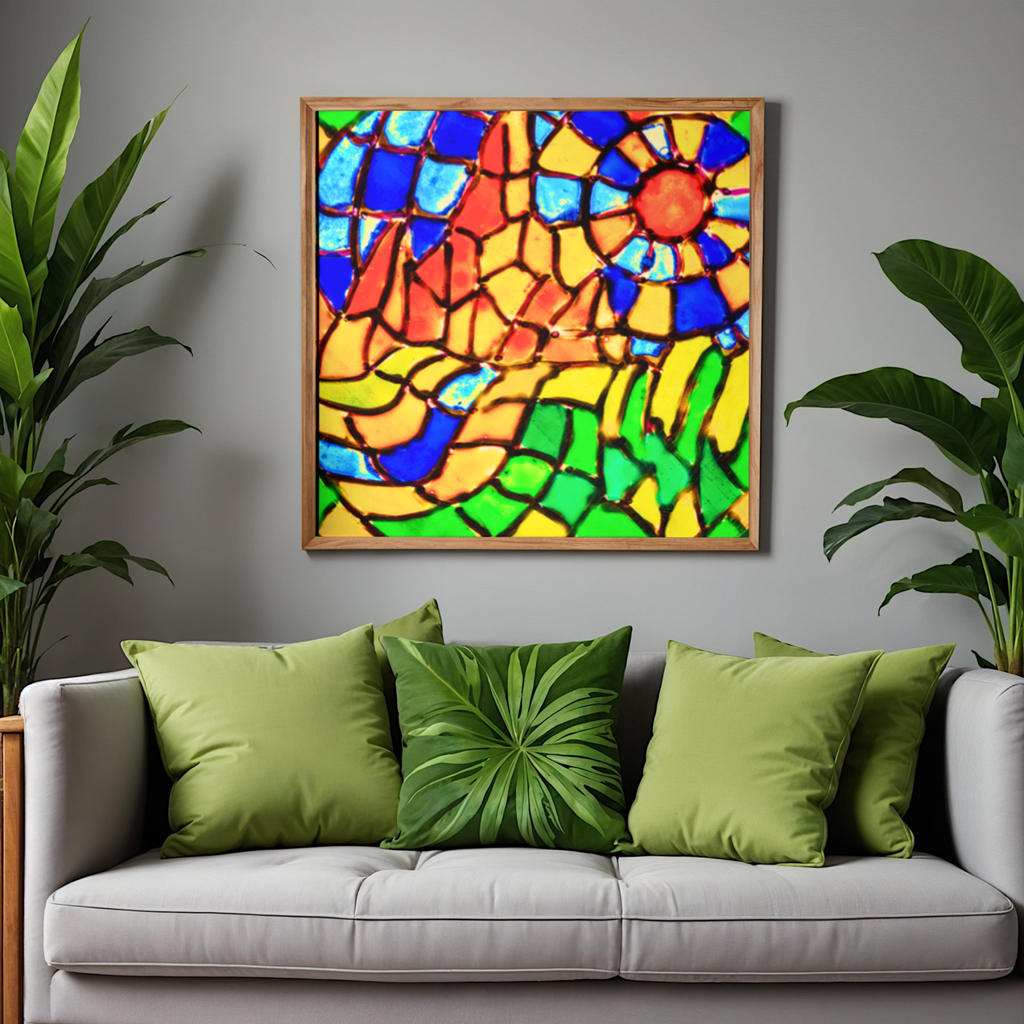 Stained Glass Mountain Landscape Canvas Print – A3 Colorful Mosaic Wall Art