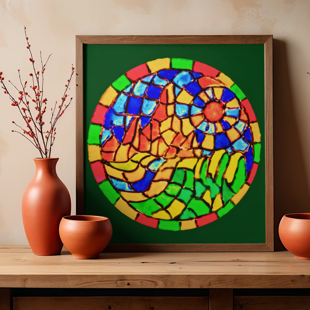 Stained Glass Mountain Landscape Canvas Print – A3 Colorful Mosaic Wall Art