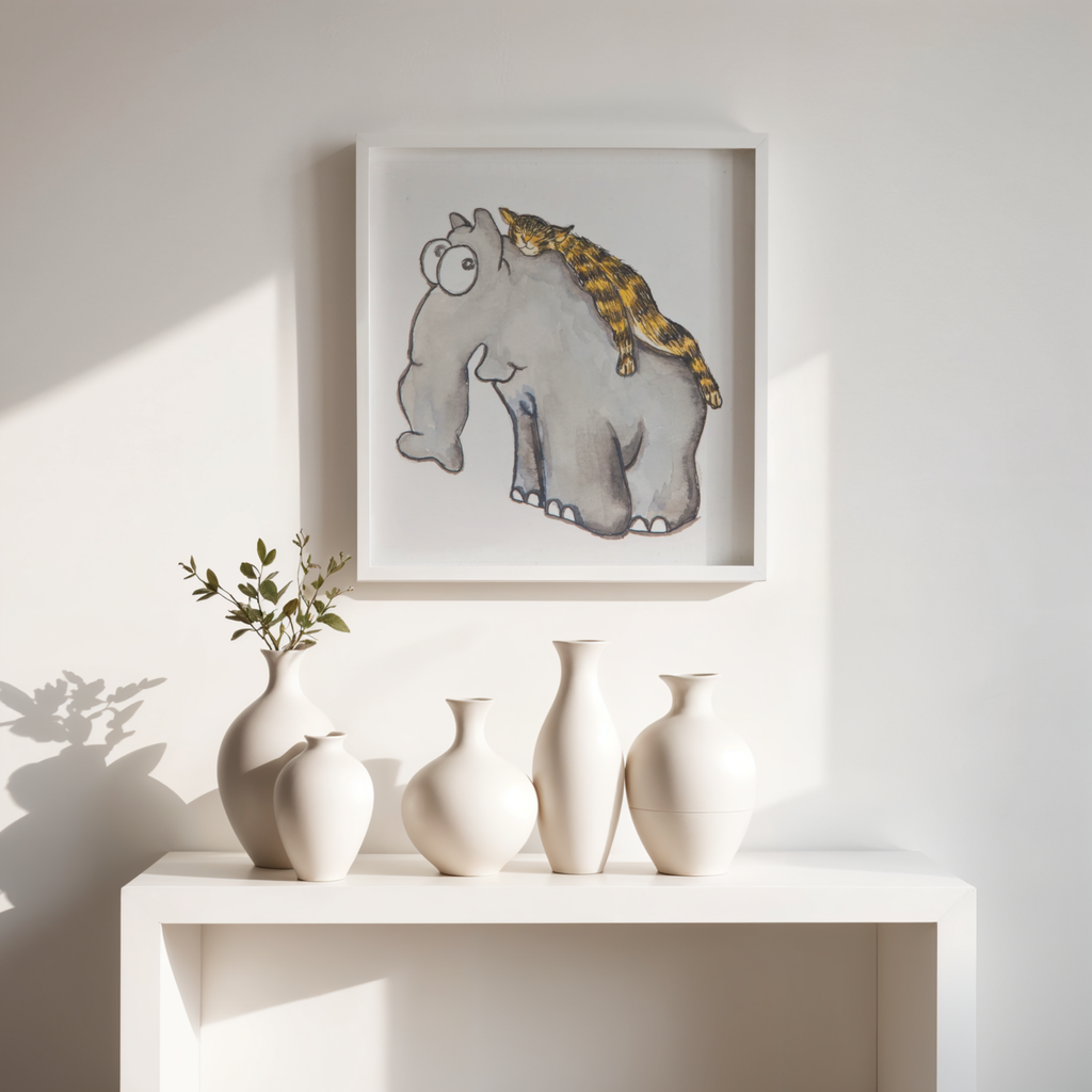 Elephant & Cat Watercolor Canvas Print – A3 Whimsical Friendship Wall Art