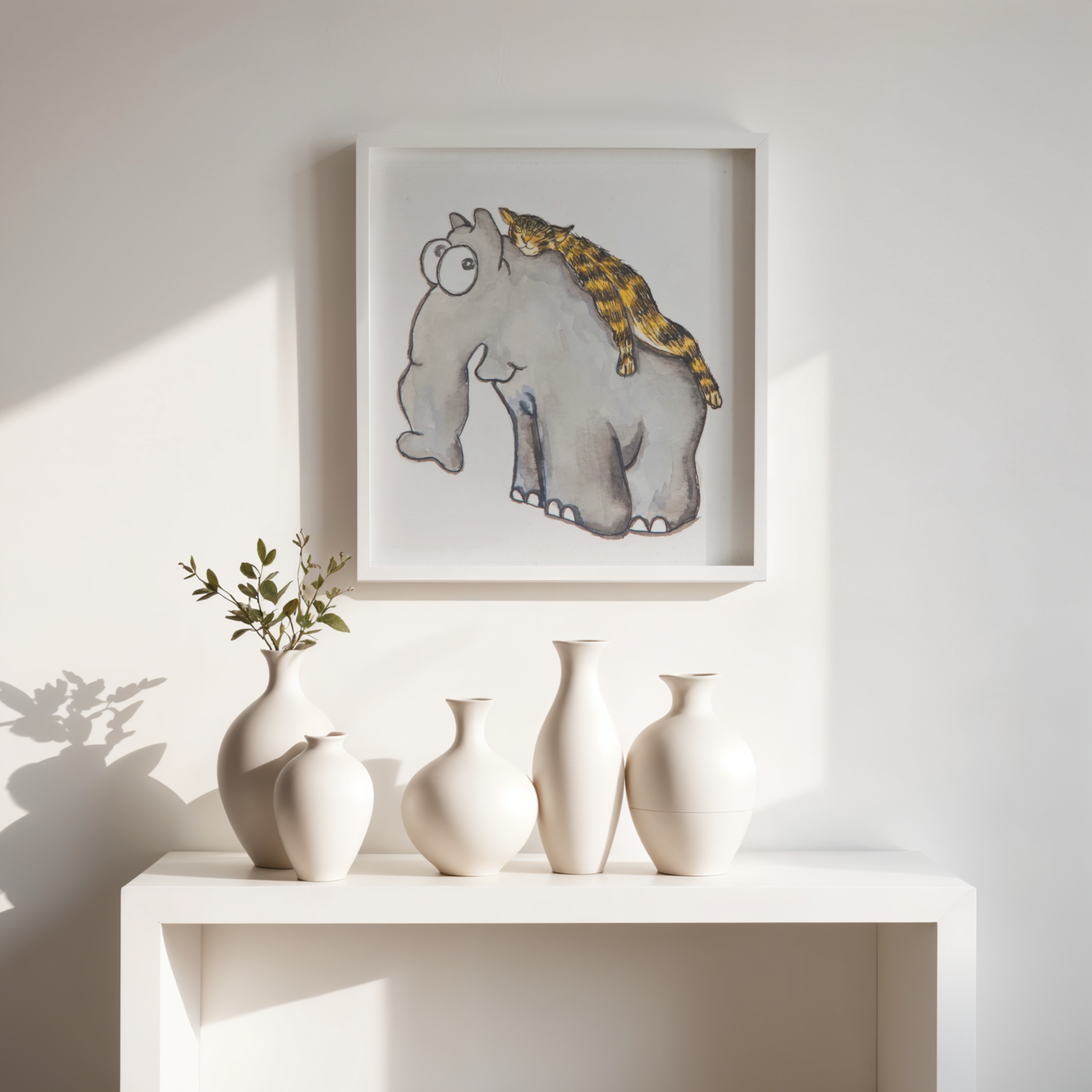 Elephant & Cat Watercolor Canvas Print – A3 Whimsical Friendship Wall Art