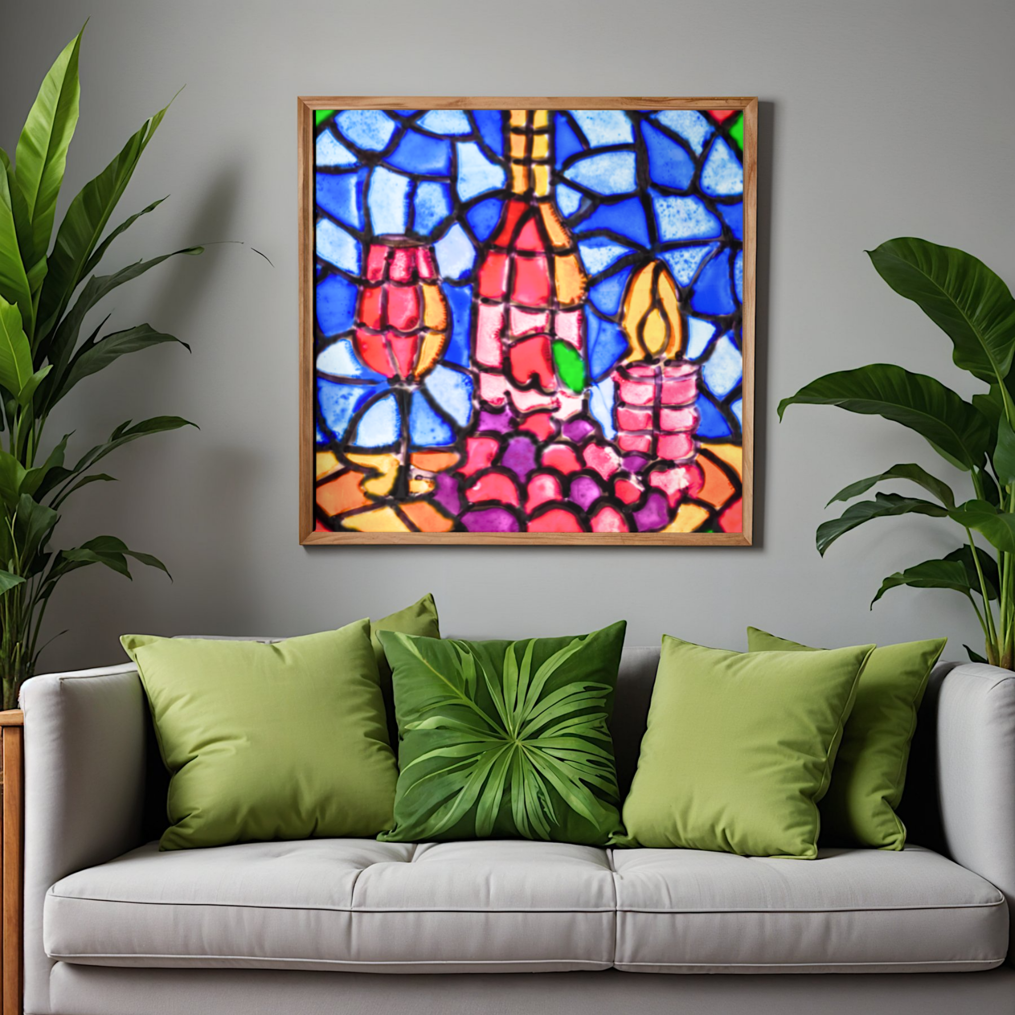 Stained Glass Wine & Candlelight Canvas Print – A3 Elegant Mosaic Wall Art