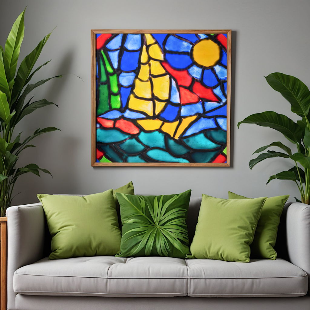 Stained Glass Sailboat at Sea Canvas Print – A3 Nautical Mosaic Wall Art