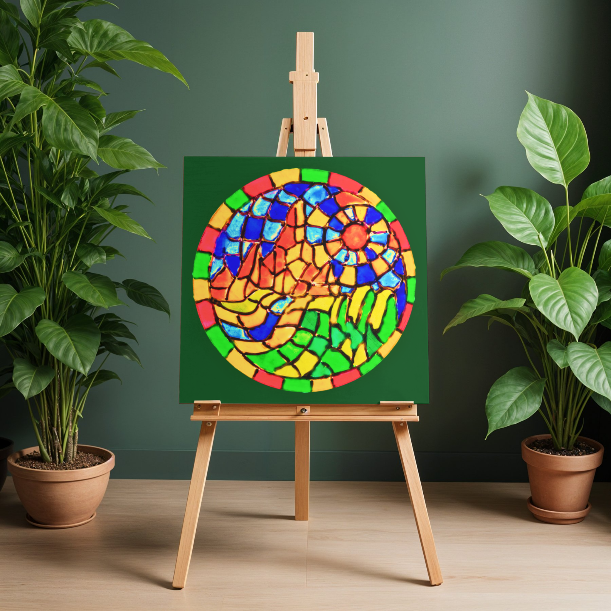 Stained Glass Mountain Landscape Canvas Print – A3 Colorful Mosaic Wall Art