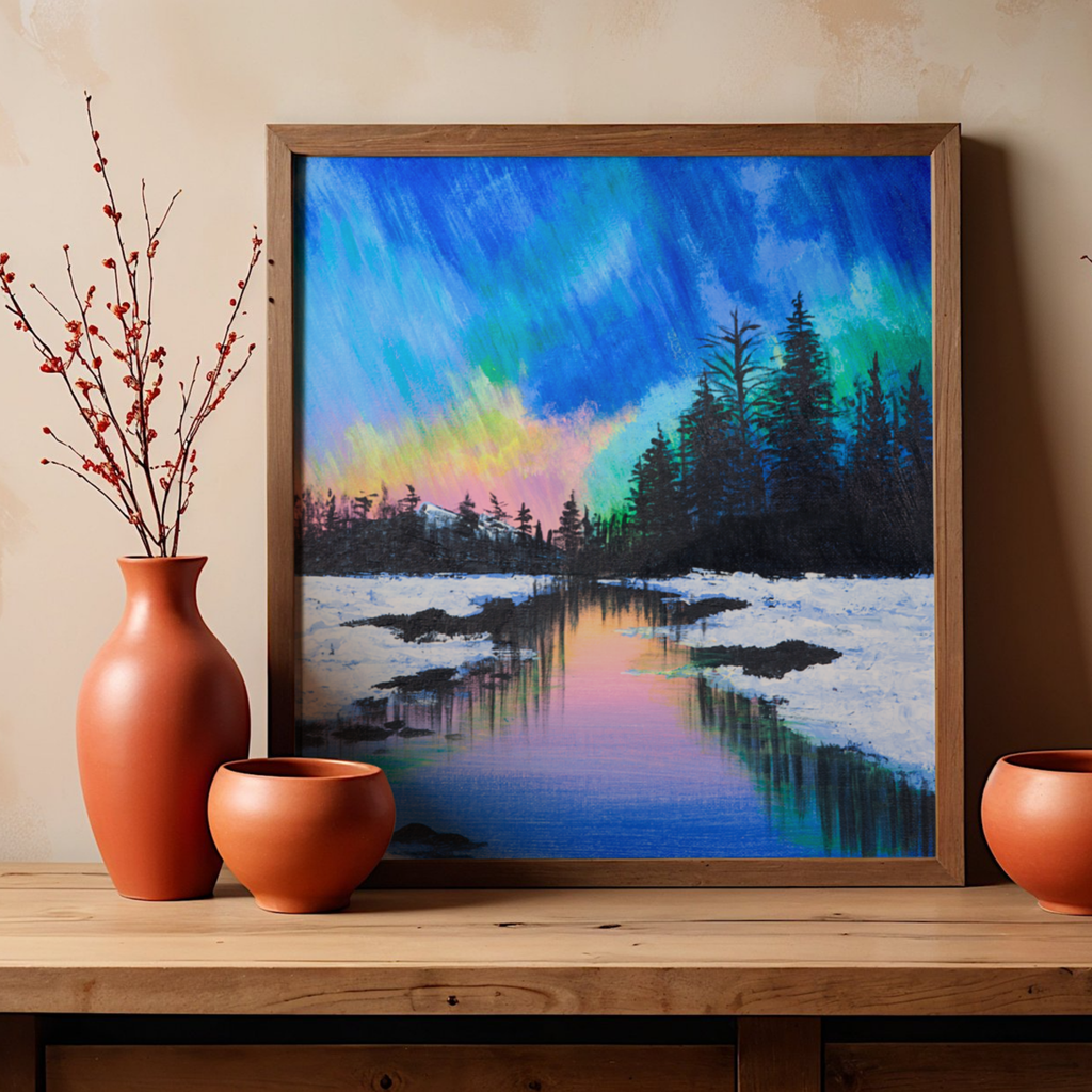 Aurora Borealis Winter Canvas Print – A3 Northern Lights Landscape Wall Art