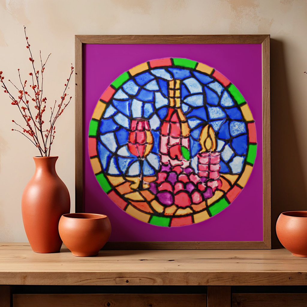 Stained Glass Wine & Candlelight Canvas Print – A3 Elegant Mosaic Wall Art
