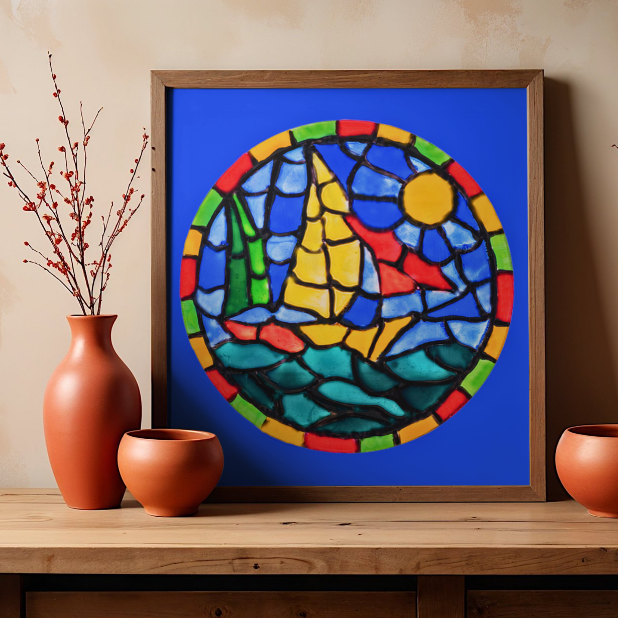 Stained Glass Sailboat at Sea Canvas Print – A3 Nautical Mosaic Wall Art