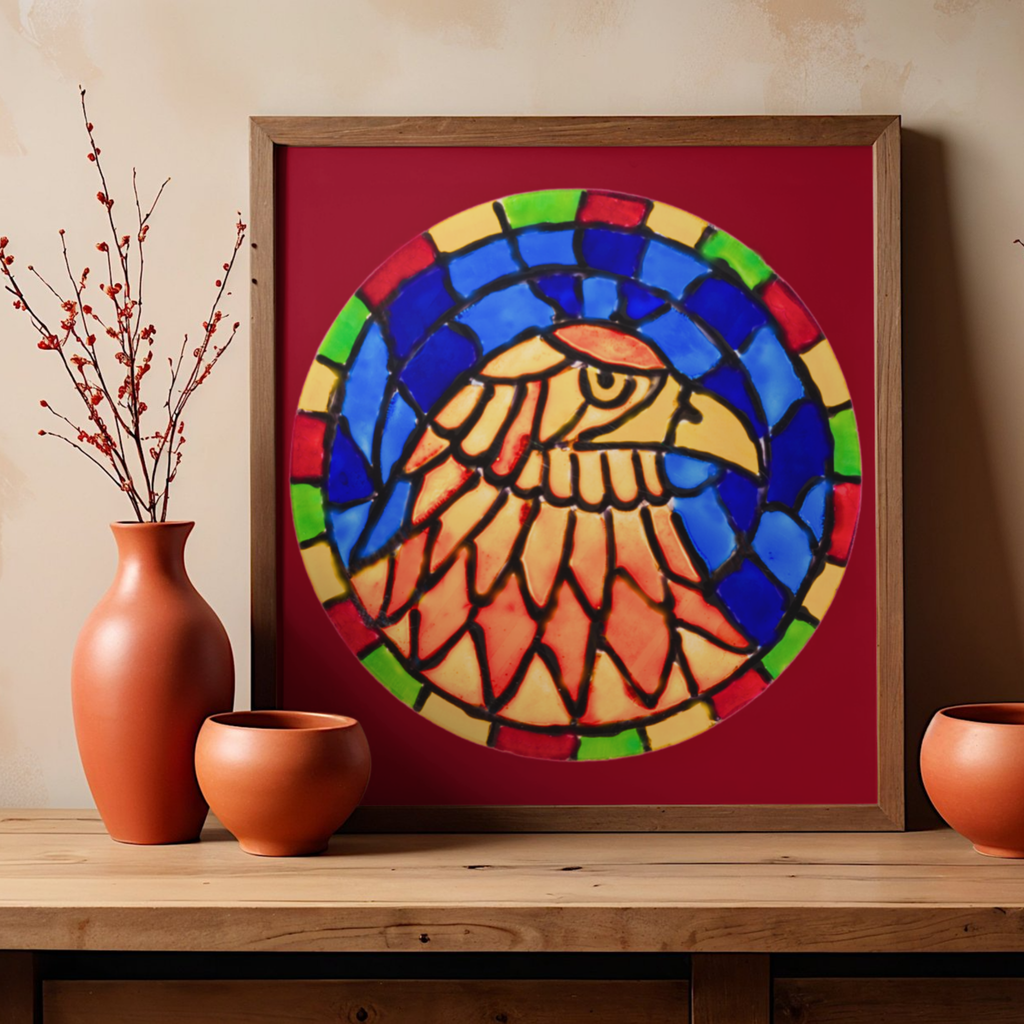 Stained Glass Eagle Portrait Canvas Print – A3 Bold Mosaic Wall Art