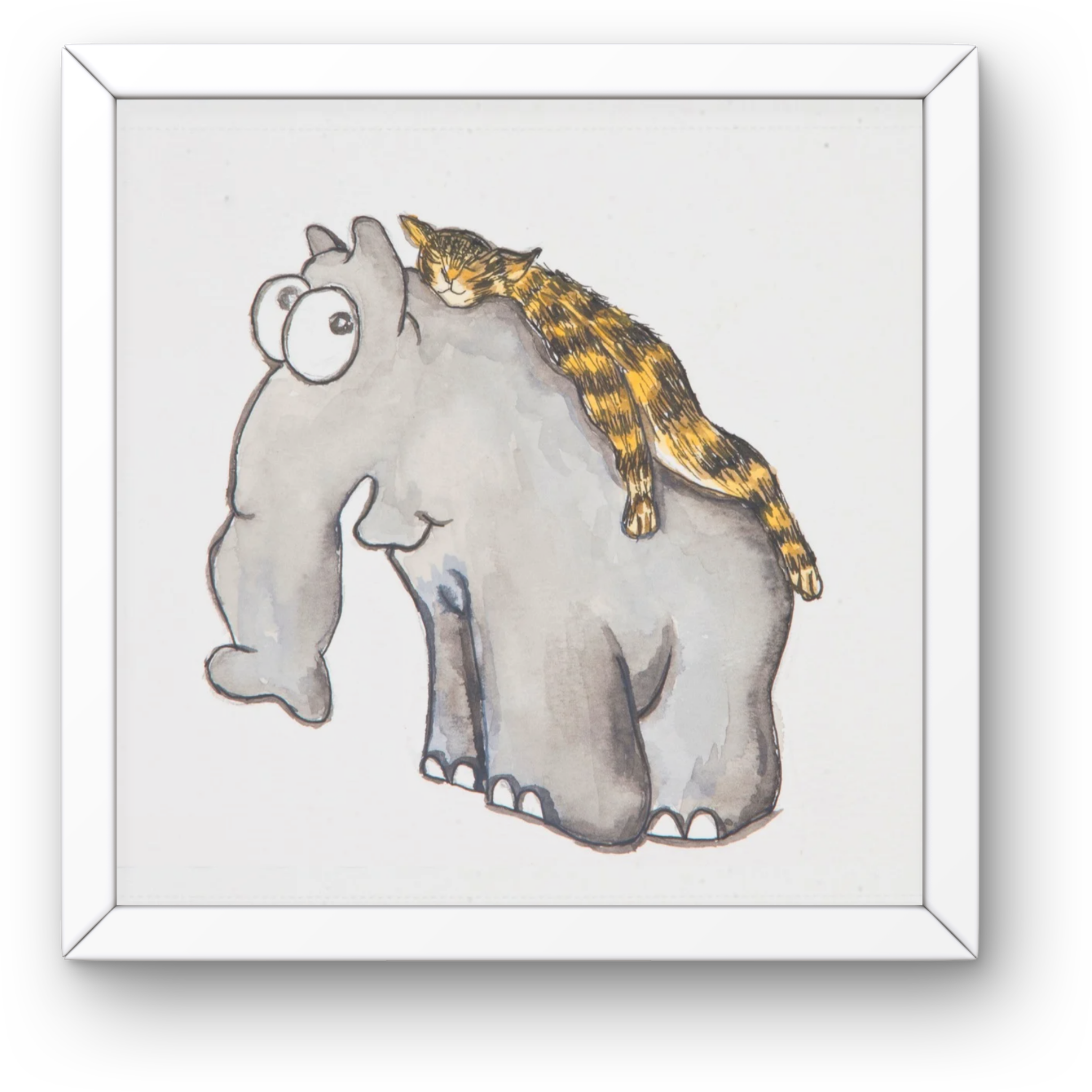 Elephant & Cat Watercolor Canvas Print – A3 Whimsical Friendship Wall Art