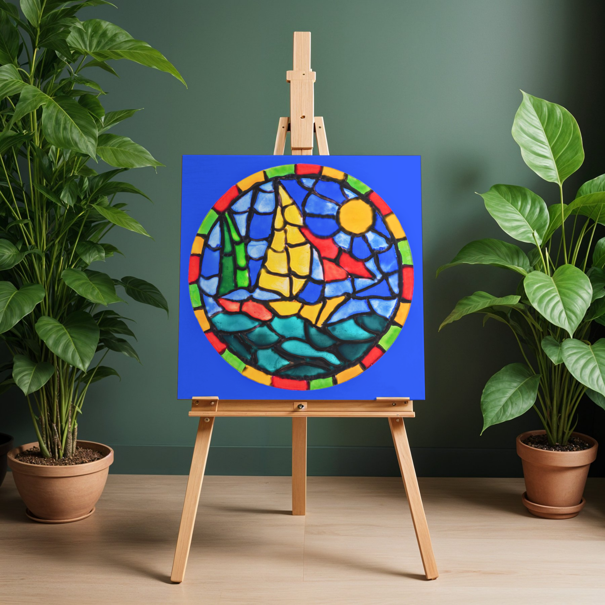 Stained Glass Sailboat at Sea Canvas Print – A3 Nautical Mosaic Wall Art
