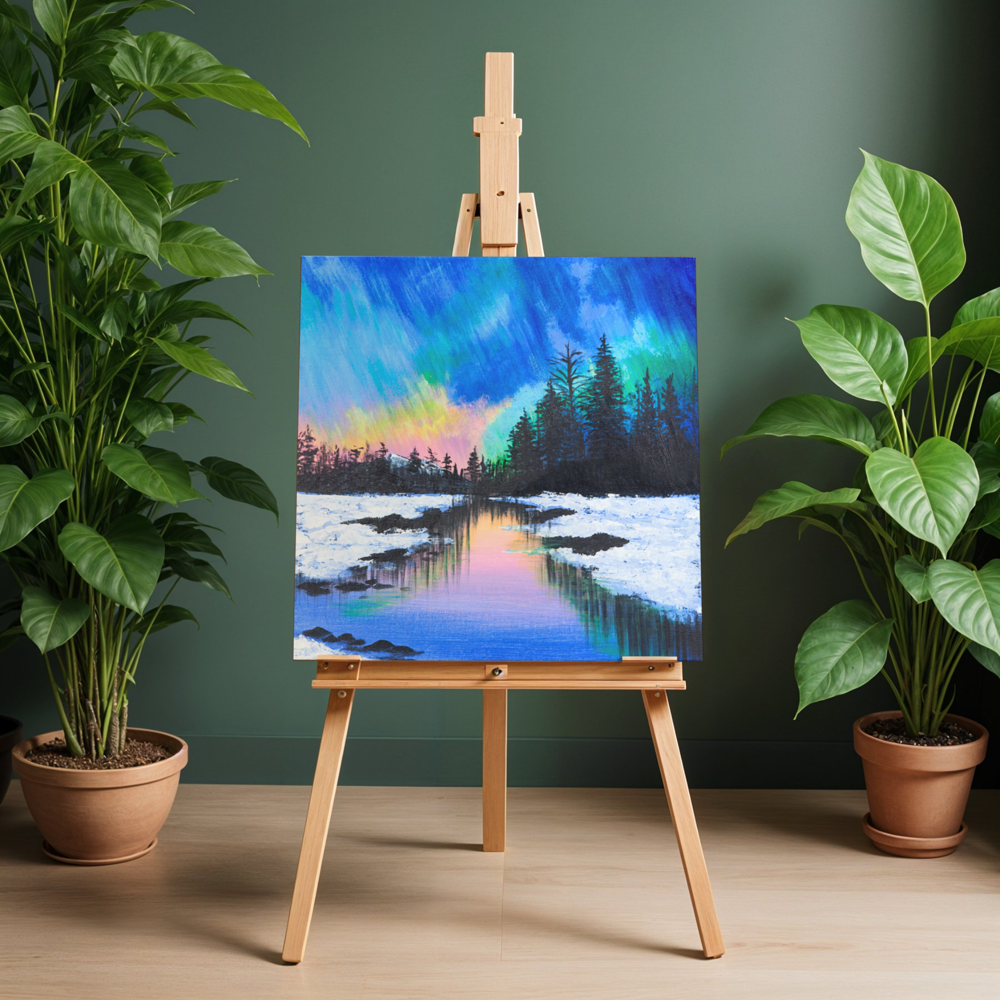 Aurora Borealis Winter Canvas Print – A3 Northern Lights Landscape Wall Art