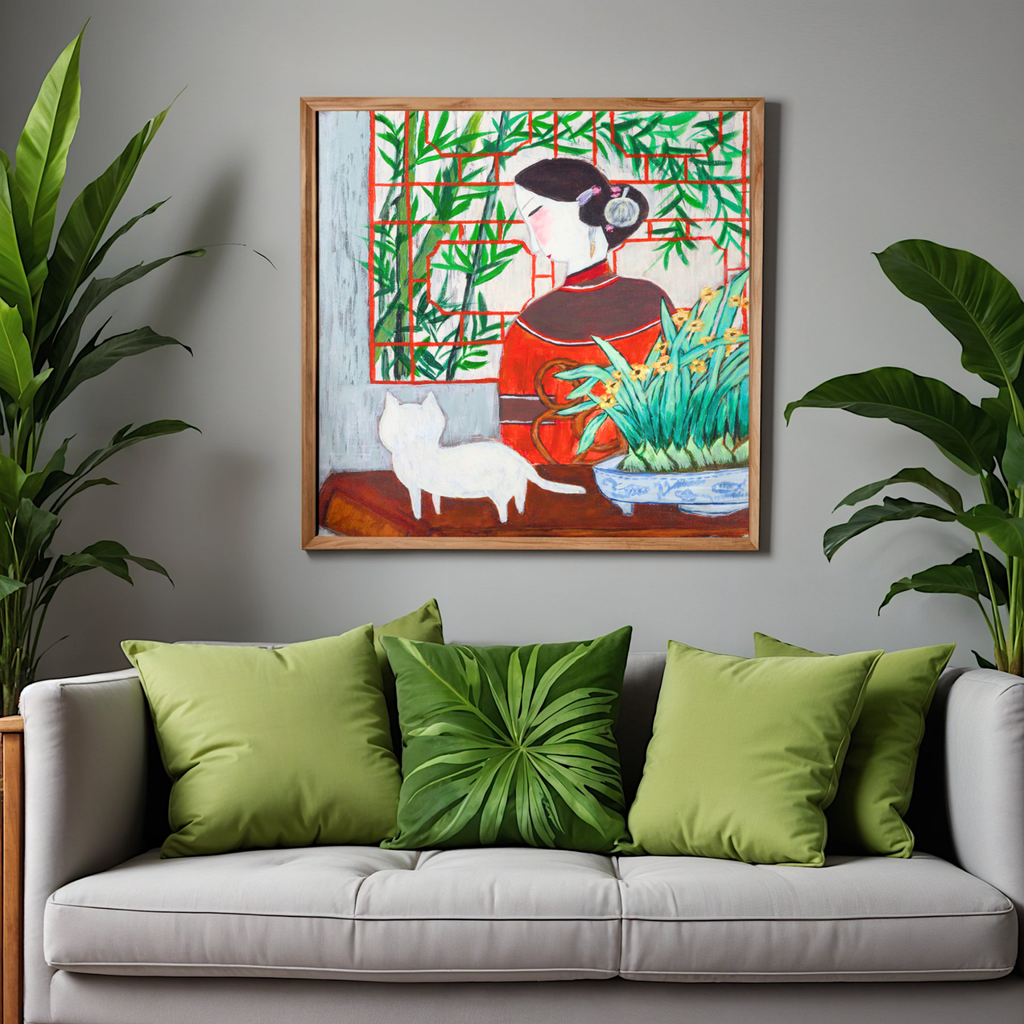 Oriental Lady with Cat Canvas Print – A3 Bamboo Garden Wall Art