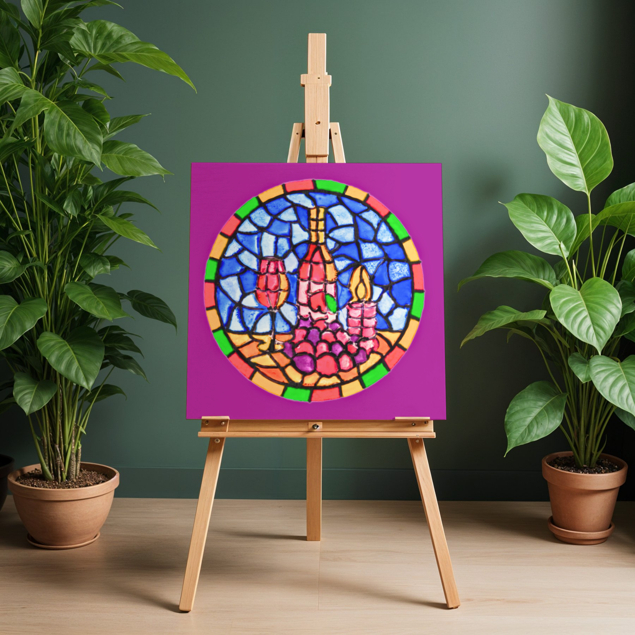 Stained Glass Wine & Candlelight Canvas Print – A3 Elegant Mosaic Wall Art