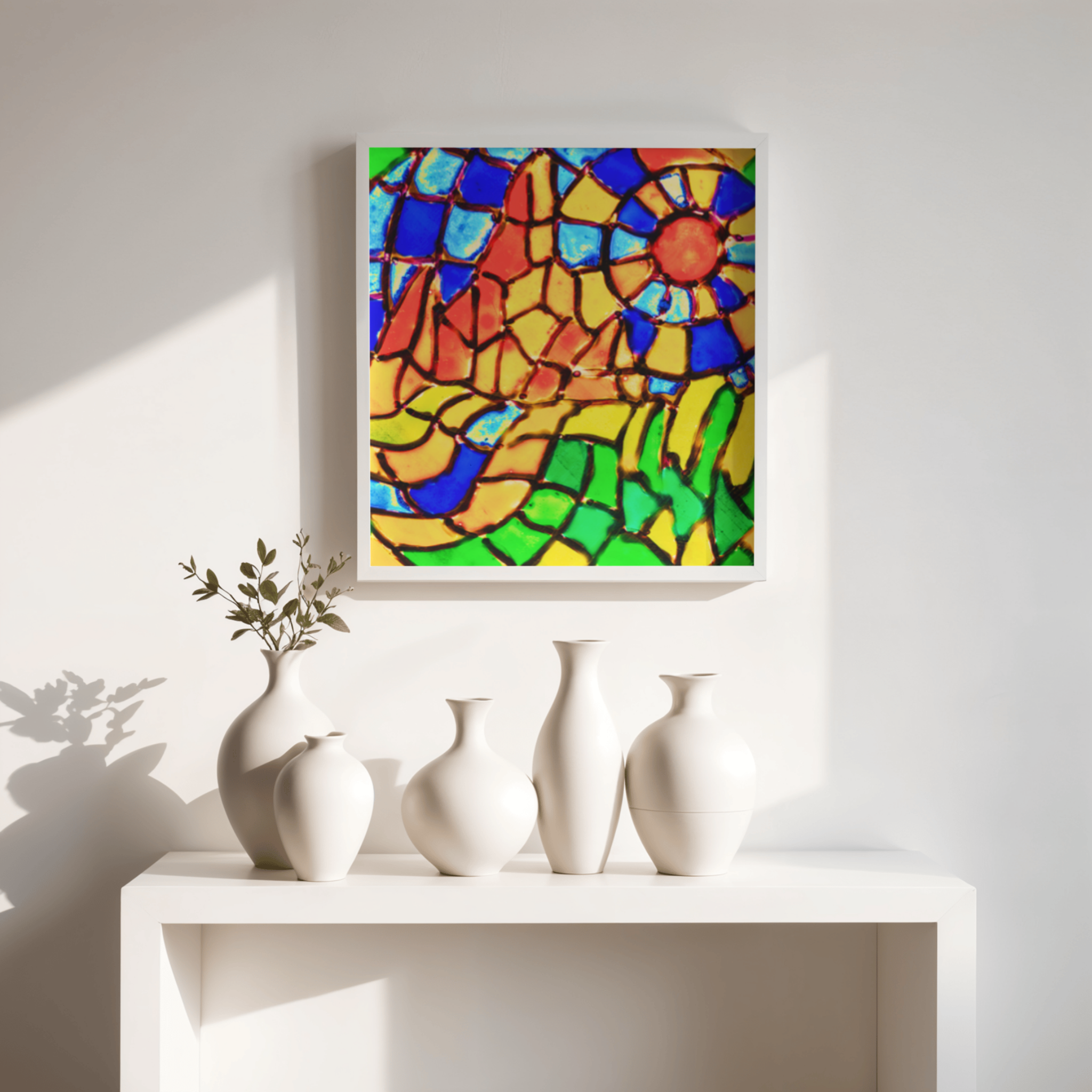 Stained Glass Mountain Landscape Canvas Print – A3 Colorful Mosaic Wall Art