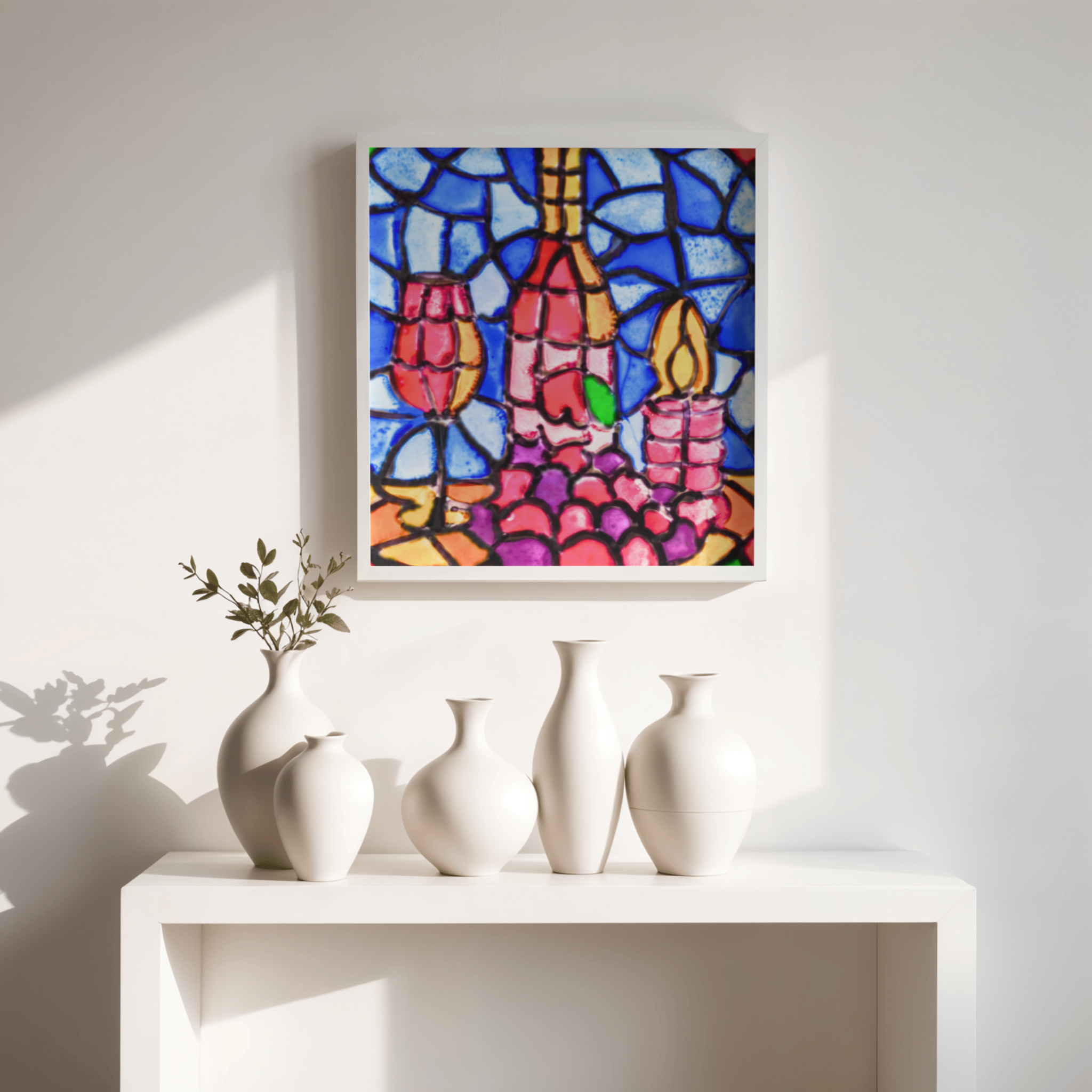 Stained Glass Wine & Candlelight Canvas Print – A3 Elegant Mosaic Wall Art
