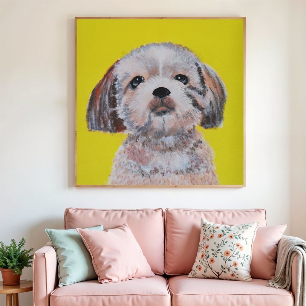 Lhasa Apso Portrait on Yellow Background Canvas Print – A3 Cheerful Dog Wall Art