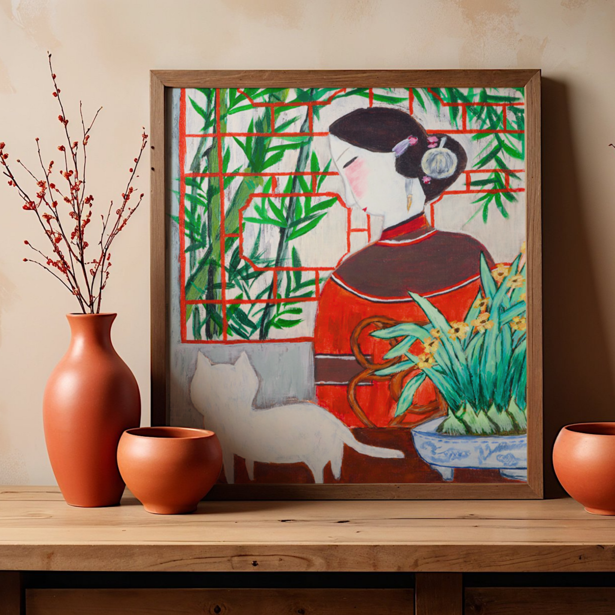Oriental Lady with Cat Canvas Print – A3 Bamboo Garden Wall Art