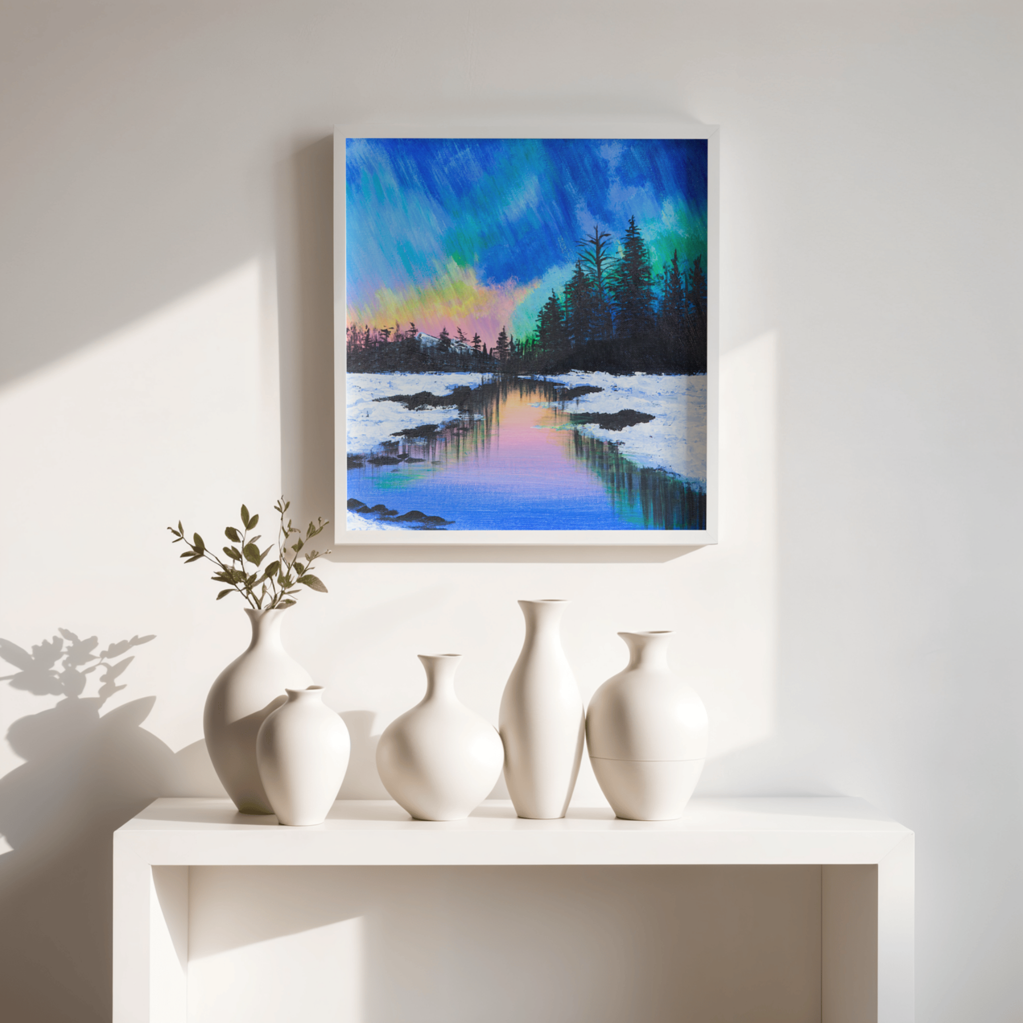 Aurora Borealis Winter Canvas Print – A3 Northern Lights Landscape Wall Art