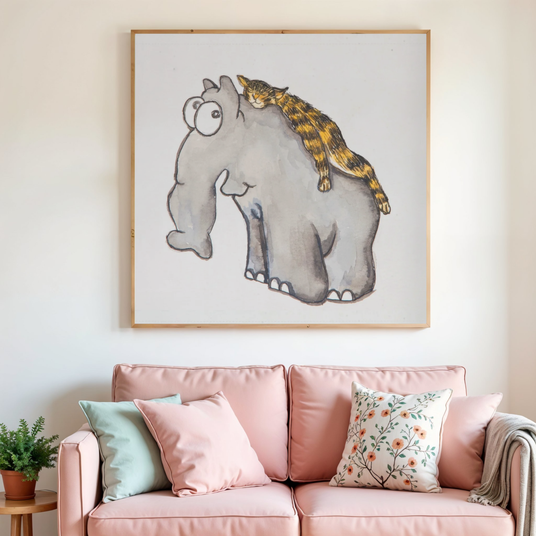 Elephant & Cat Watercolor Canvas Print – A3 Whimsical Friendship Wall Art