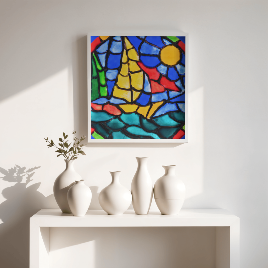 Stained Glass Sailboat at Sea Canvas Print – A3 Nautical Mosaic Wall Art