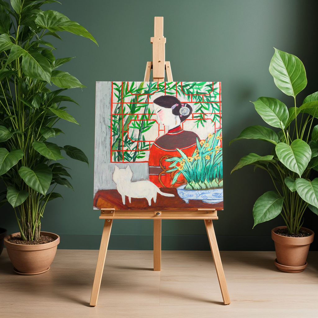 Oriental Lady with Cat Canvas Print – A3 Bamboo Garden Wall Art
