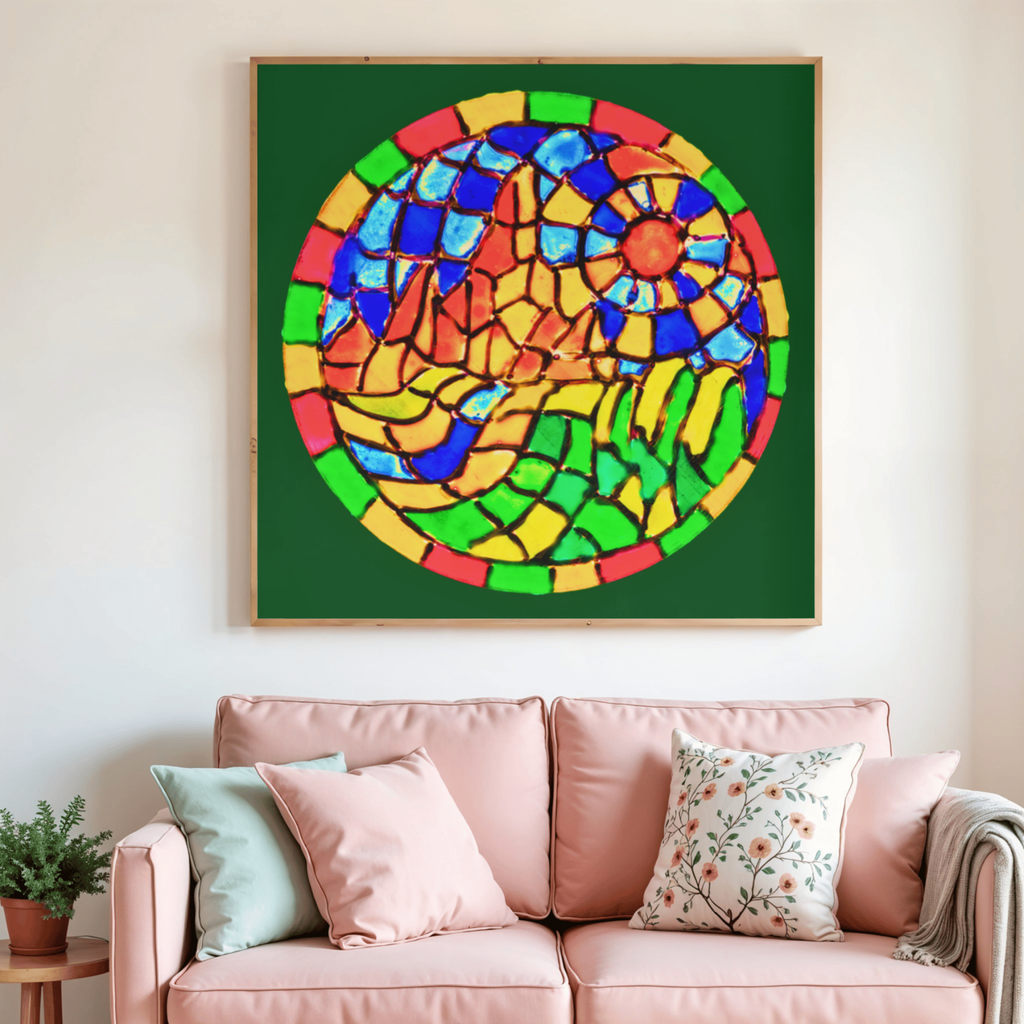 Stained Glass Mountain Landscape Canvas Print – A3 Colorful Mosaic Wall Art