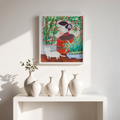 Oriental Lady with Cat Canvas Print – A3 Bamboo Garden Wall Art