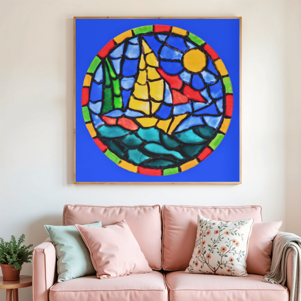 Stained Glass Sailboat at Sea Canvas Print – A3 Nautical Mosaic Wall Art