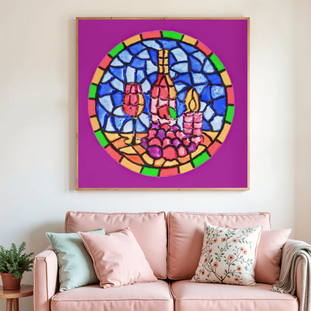Stained Glass Wine & Candlelight Canvas Print – A3 Elegant Mosaic Wall Art
