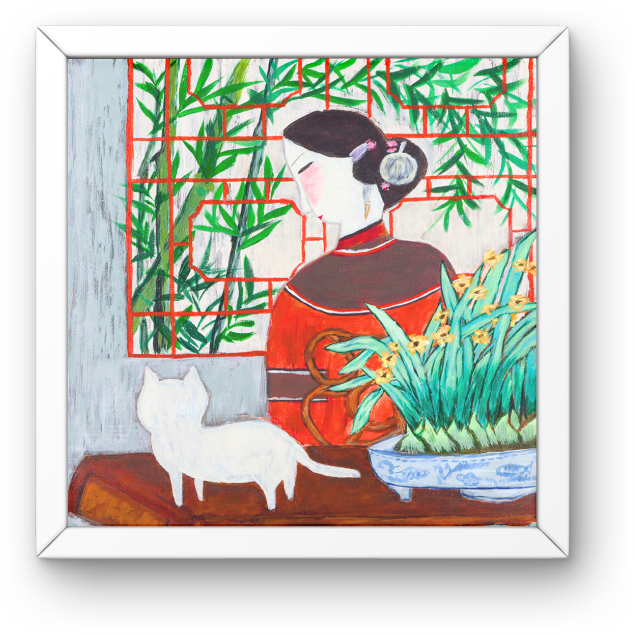 Oriental Lady with Cat Canvas Print – A3 Bamboo Garden Wall Art