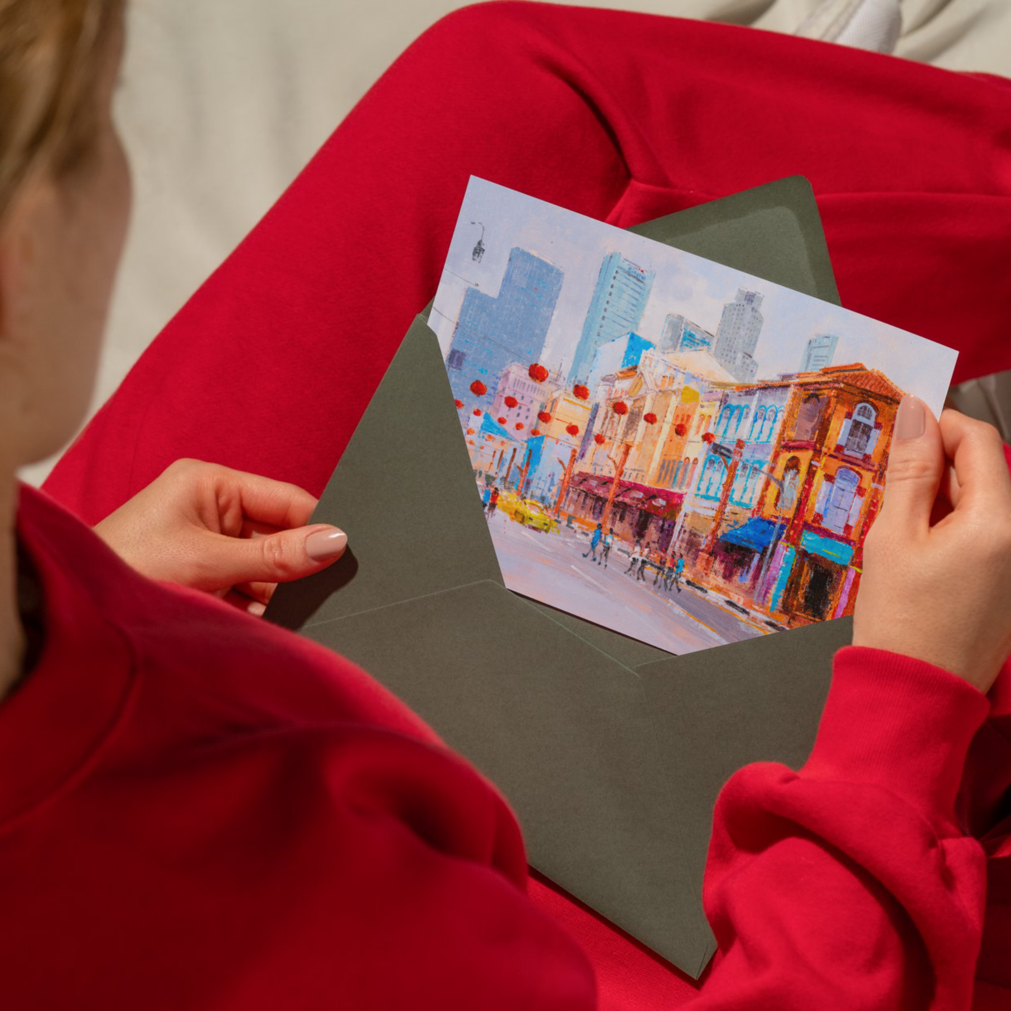 Singapore Chinatown Street Scene Landscape Card – Curated Acrylic Painting Design