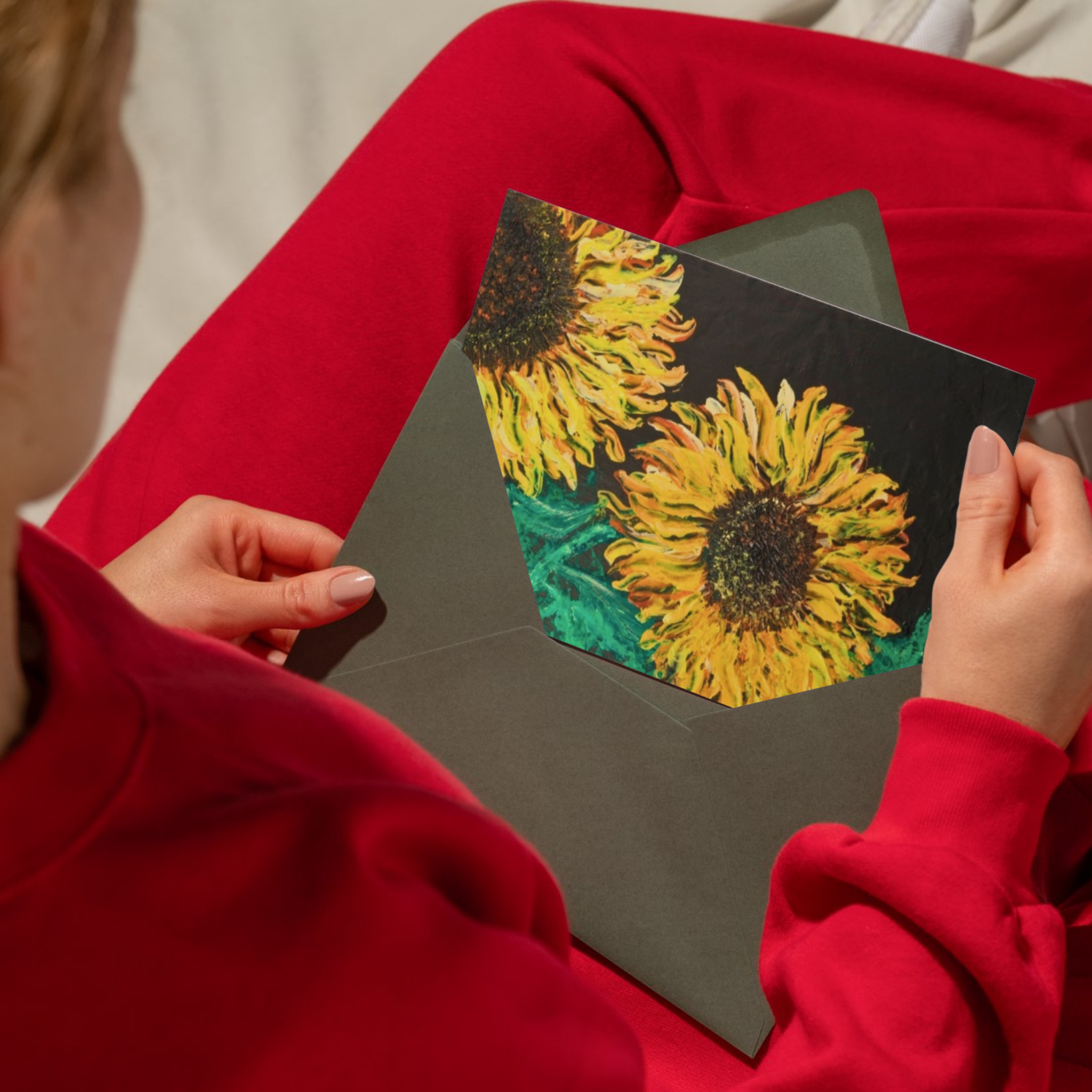 Sunflowers in the Dark — Original Acrylic Painting Card | Bold Floral Art Gift