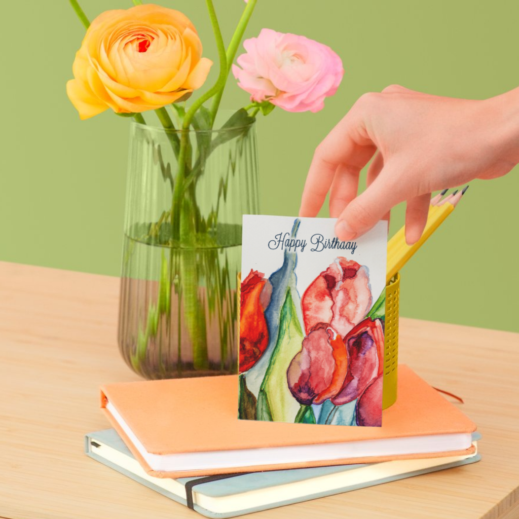 Tulip Joy Card – Happy Birthday Greeting Card with Watercolor Tulips