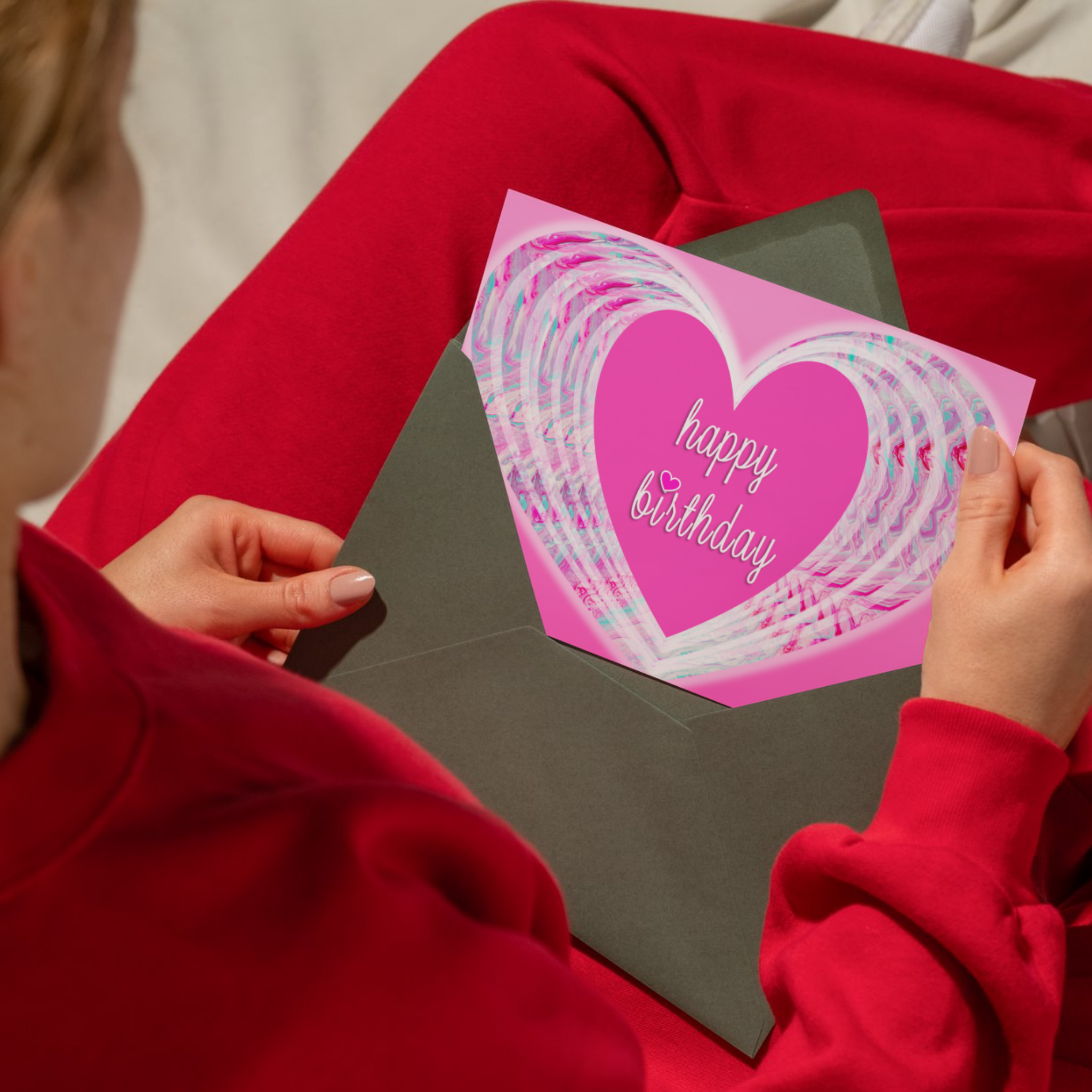 Swirling Hearts Acrylic Flow Card – Happy Birthday Greeting Card with Pink Heart & Pastel Layers