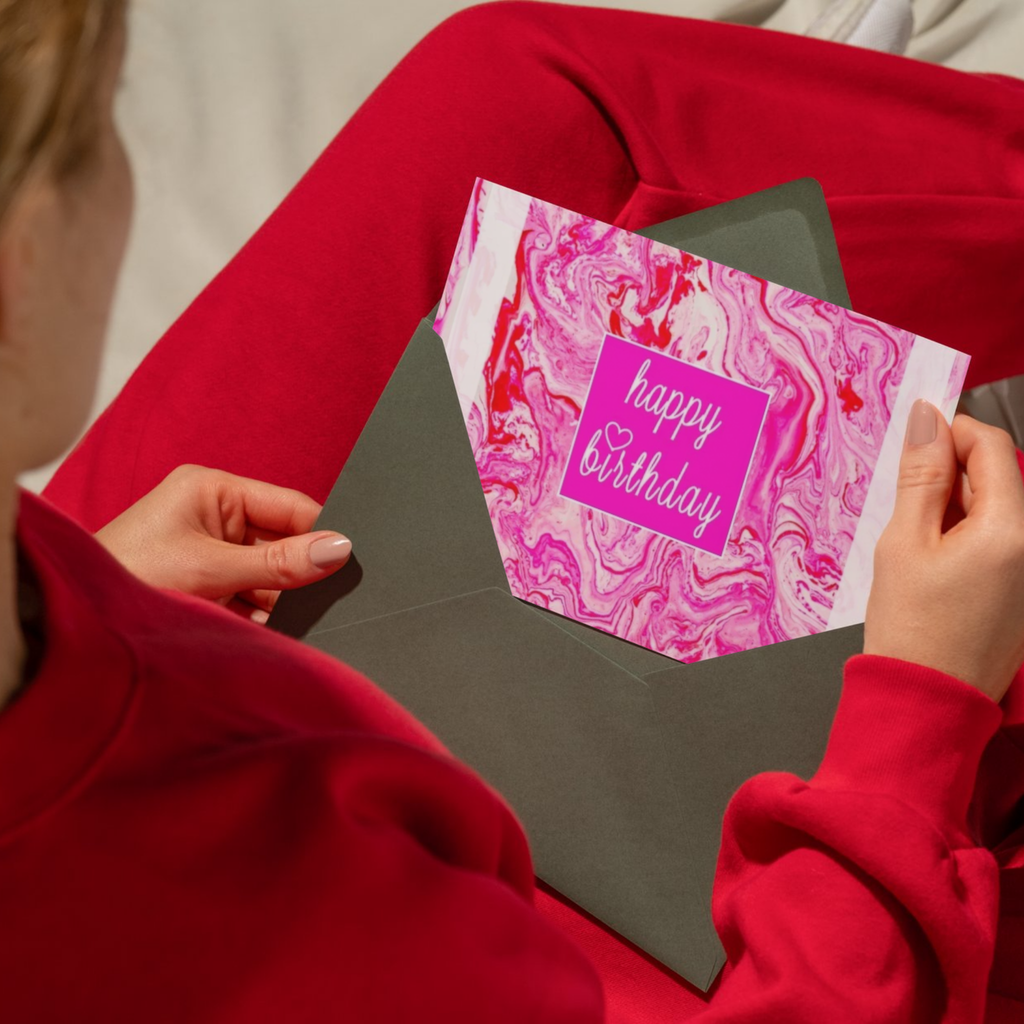 Acrylic Flow Card – Happy Birthday Greeting Card with Pink Marbled Background & Heart Accent